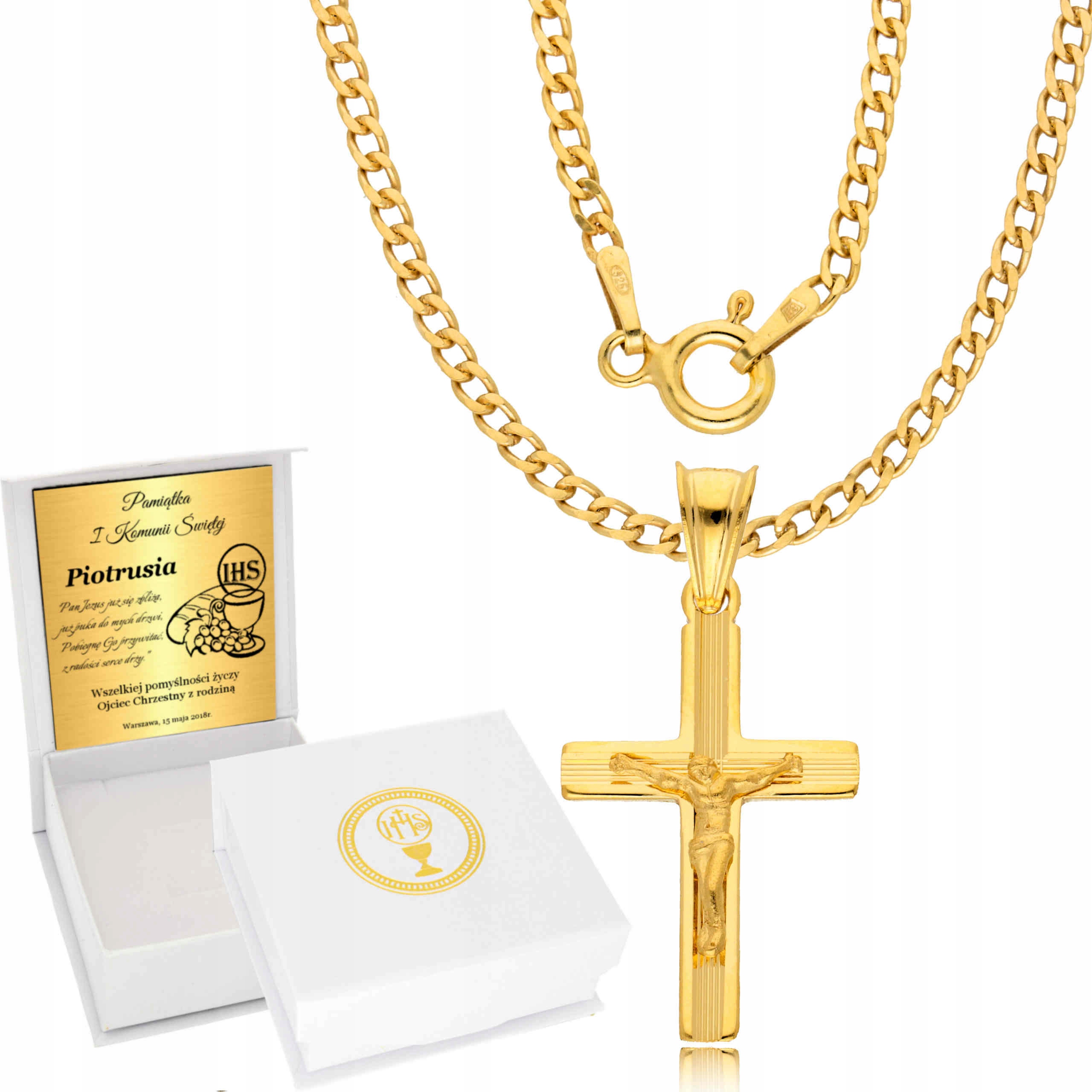 

Złoty Łańcuszek 925 Krzyżyk Komunia Chrzest Grawer