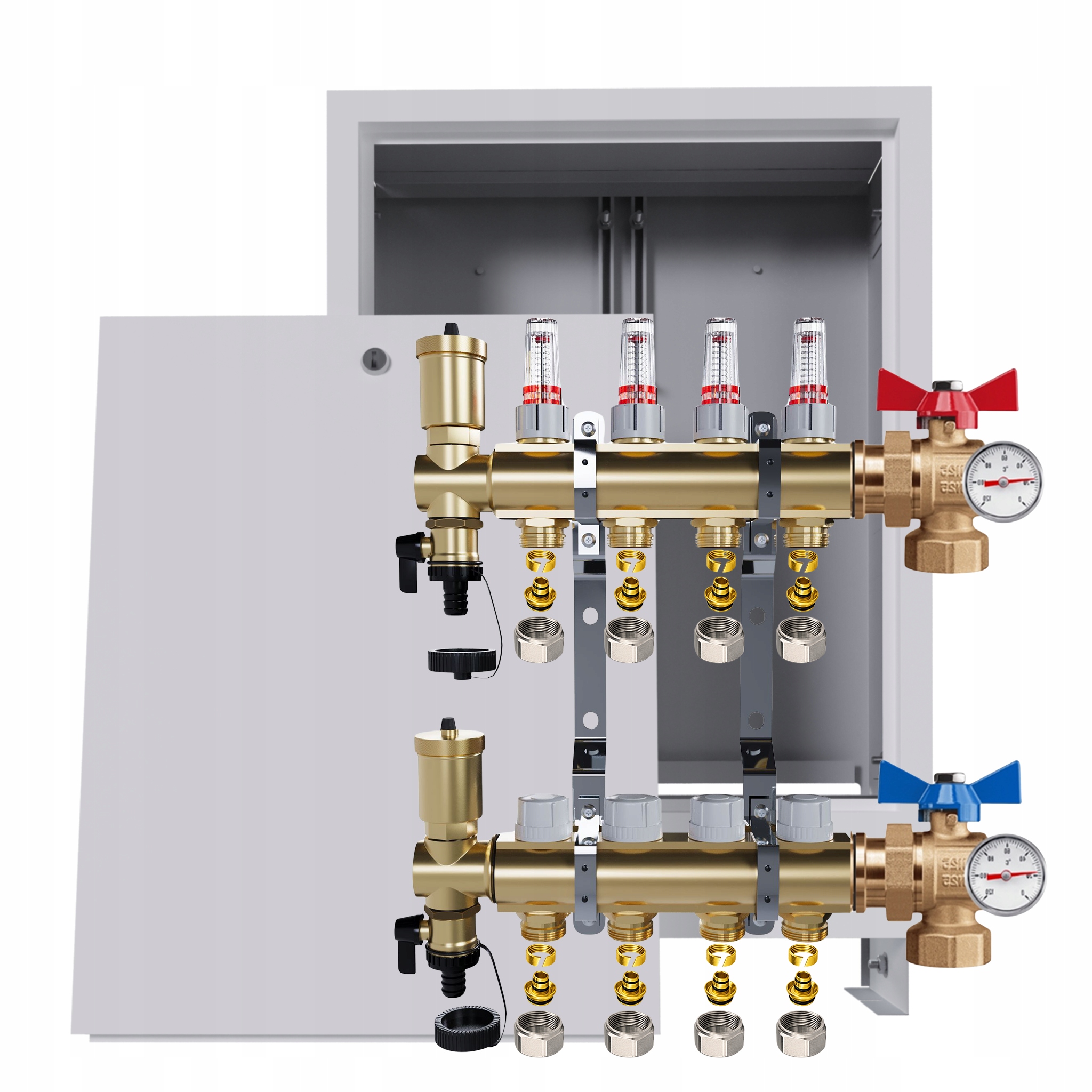 Rozdělovač podlahy 4 okruhy kulové ventily teploměry krabička Pex
