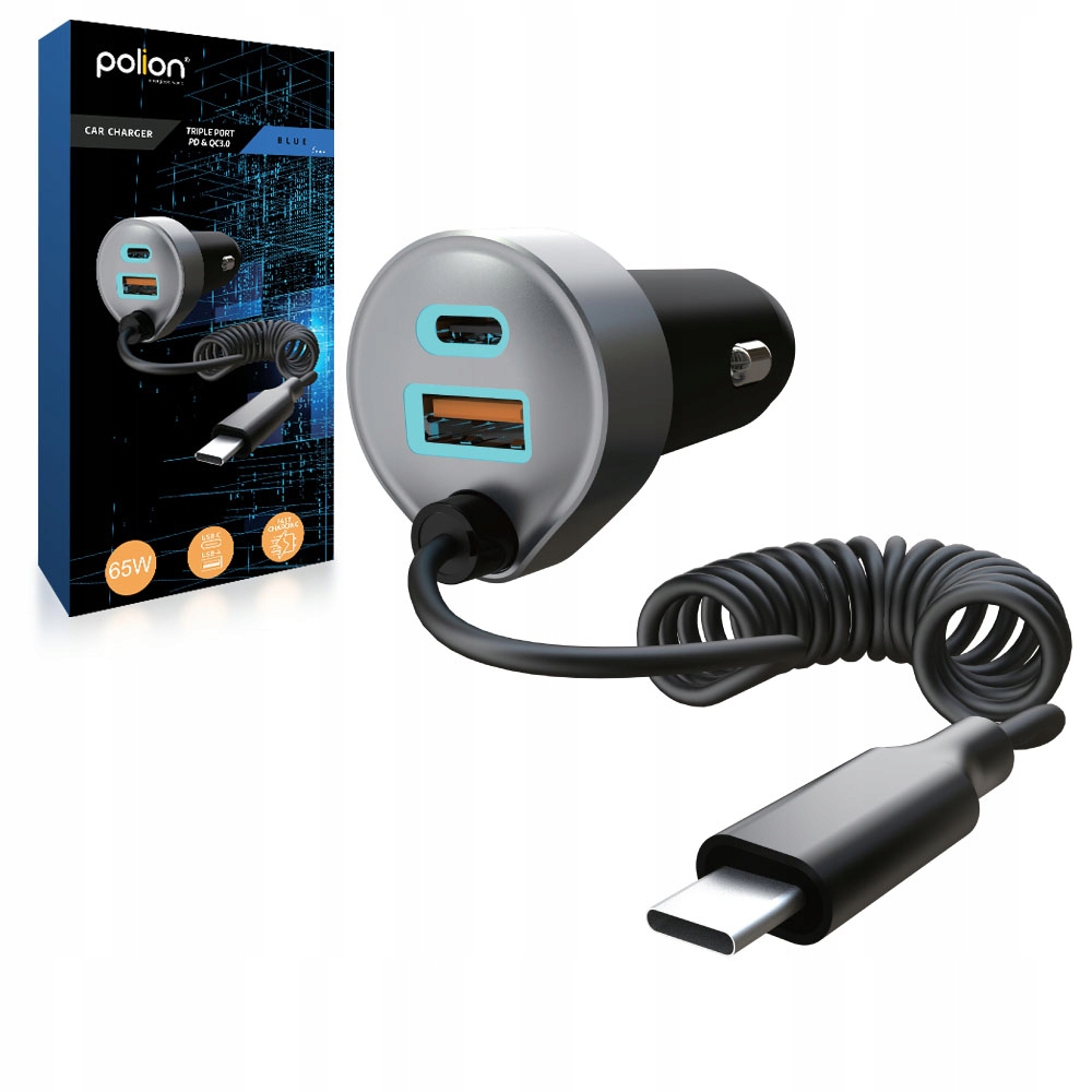 Mocna ładowarka samochodowa Polion Usb-a 2xUSB-C 65W QC3.0 Pd z przewodem