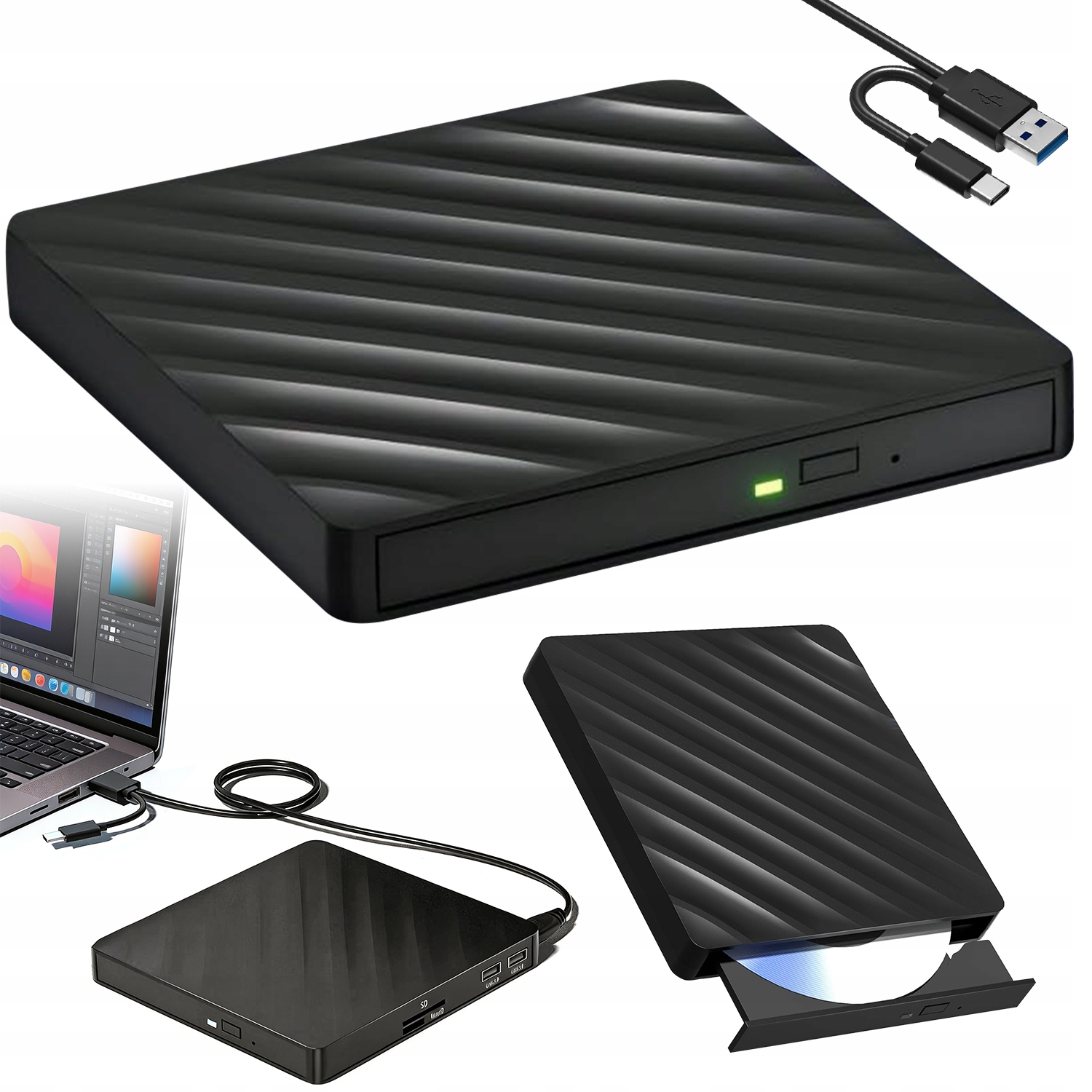 Udeřit! Blu-ray Vypalovačka 5V1 Usb 3.0 Porty Sd/tf Kabel Usb/typ-c Černá