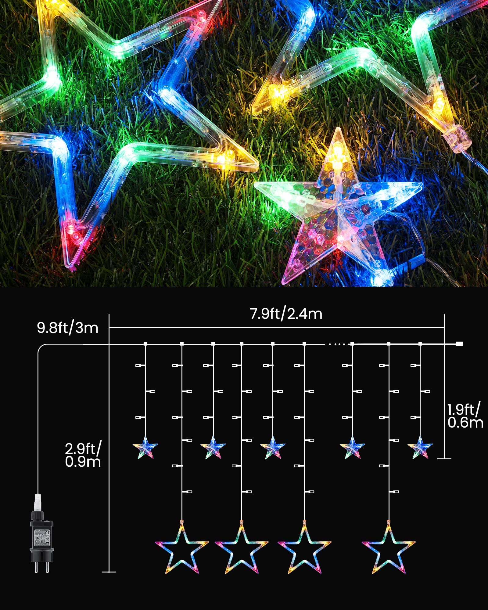 ISHABAO KURTYNA ŚWIETLNA GWIAZDY OZDOBA ŚWIĄTECZNA MULTIKOLOR 138 LED 24x1M — miniatura 7