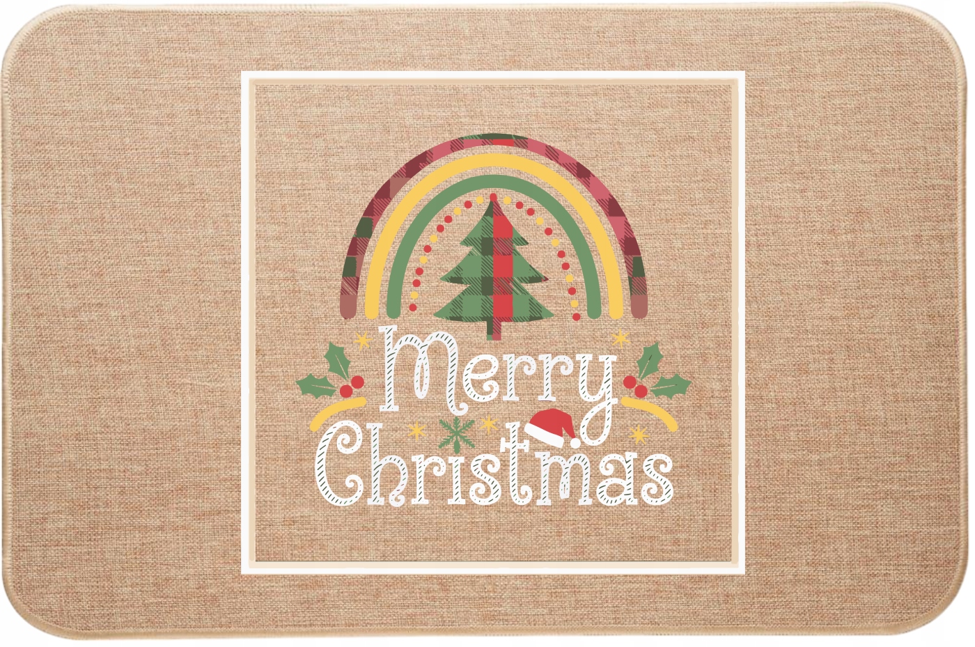 Vánoční lněná rohožka s barevným potiskem Merry Chrtistmas