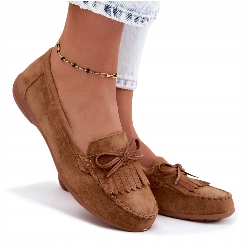 Dámské Mokasíny Ploché, Semišová Kůže, Pohodlná Mašlička Camel 36