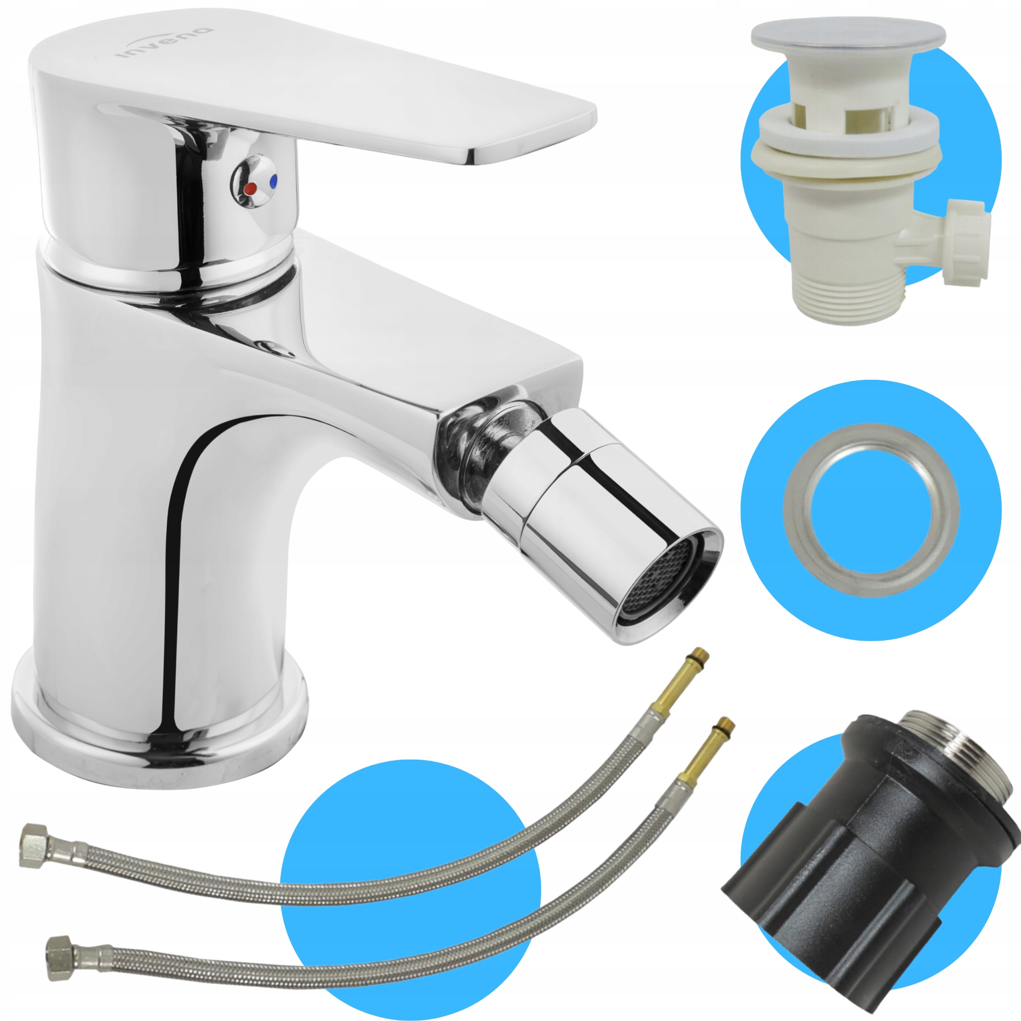 BATERIA BIDETOWA KOMPAKTOWA CHROM DO BIDETU CHROMOWANA + WĘŻYKI KOREK DOKOS