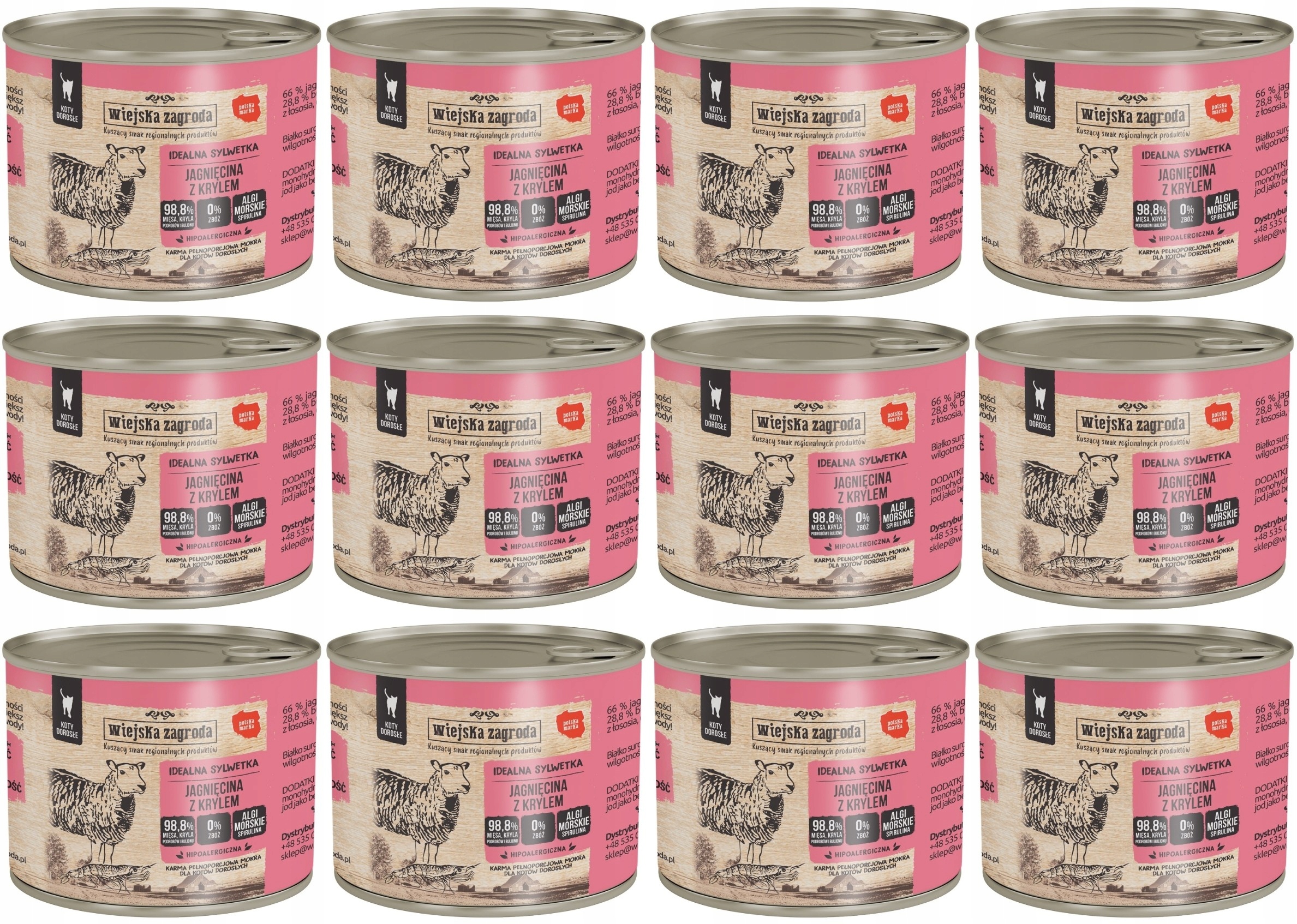 Levně Wiejska Zagroda Kočka Jehněčí s krillem 12 plechovek 200 g