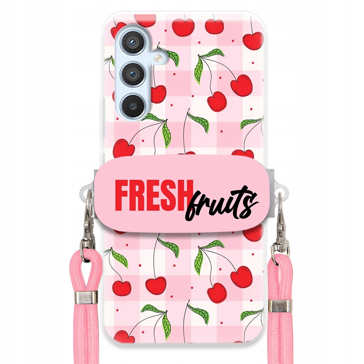 Puzdro pre Samsung A25 5G Case držiak na šnúrku Ružový Fresh Fruits Mriežka