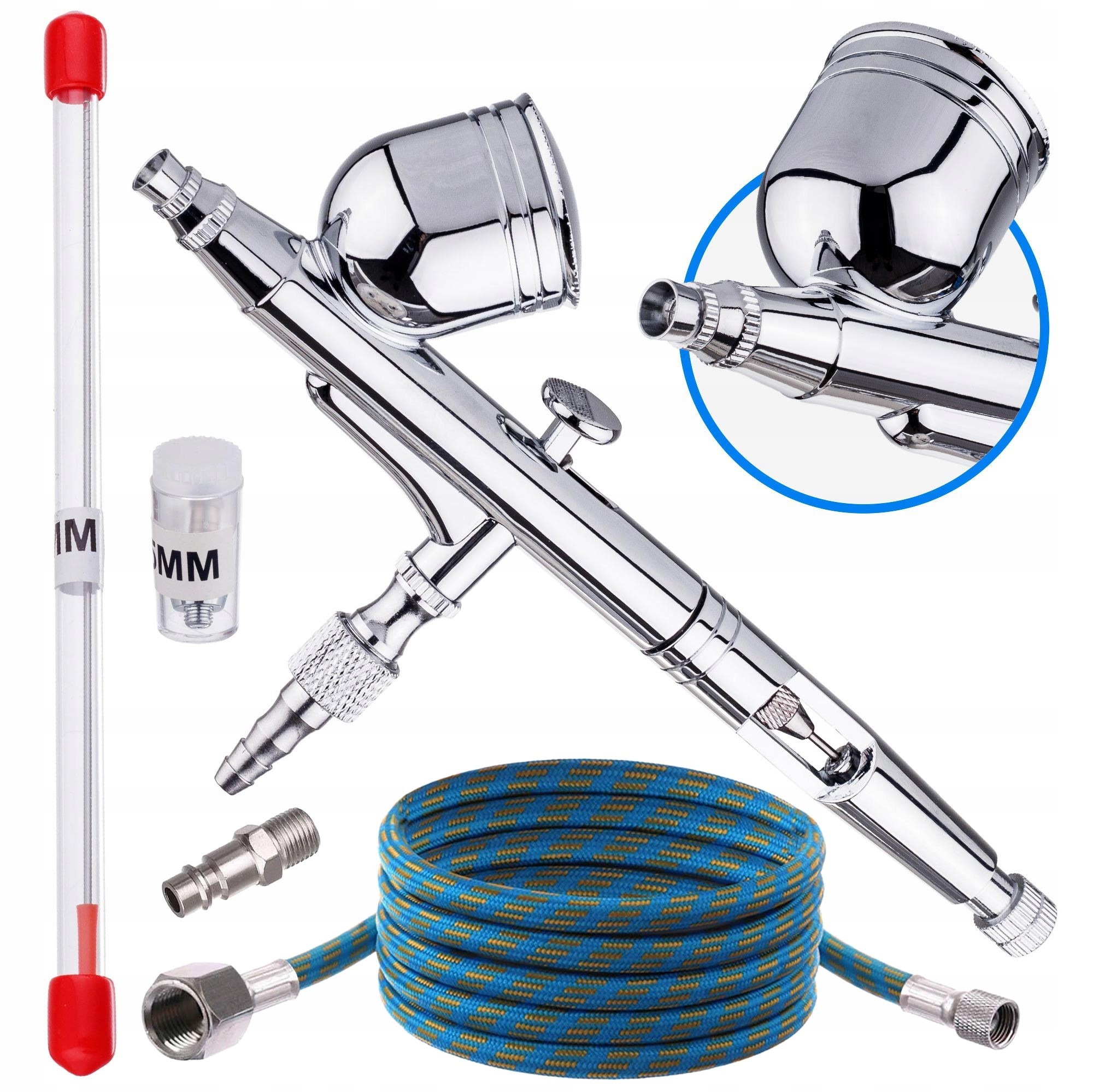 Modelářský aerograf pro odstraňování rysek 2x tryska 0,2 mm 0,3 mm hadice 3 m zástrčka
