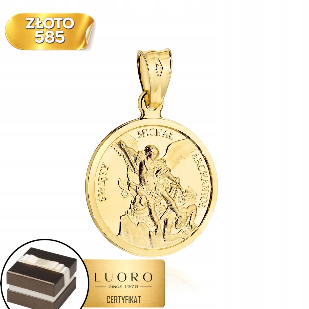 Zlatý Medailon 585 14K Svatý Michal Archanděl V Kolečku 26,5 MM Elegantní