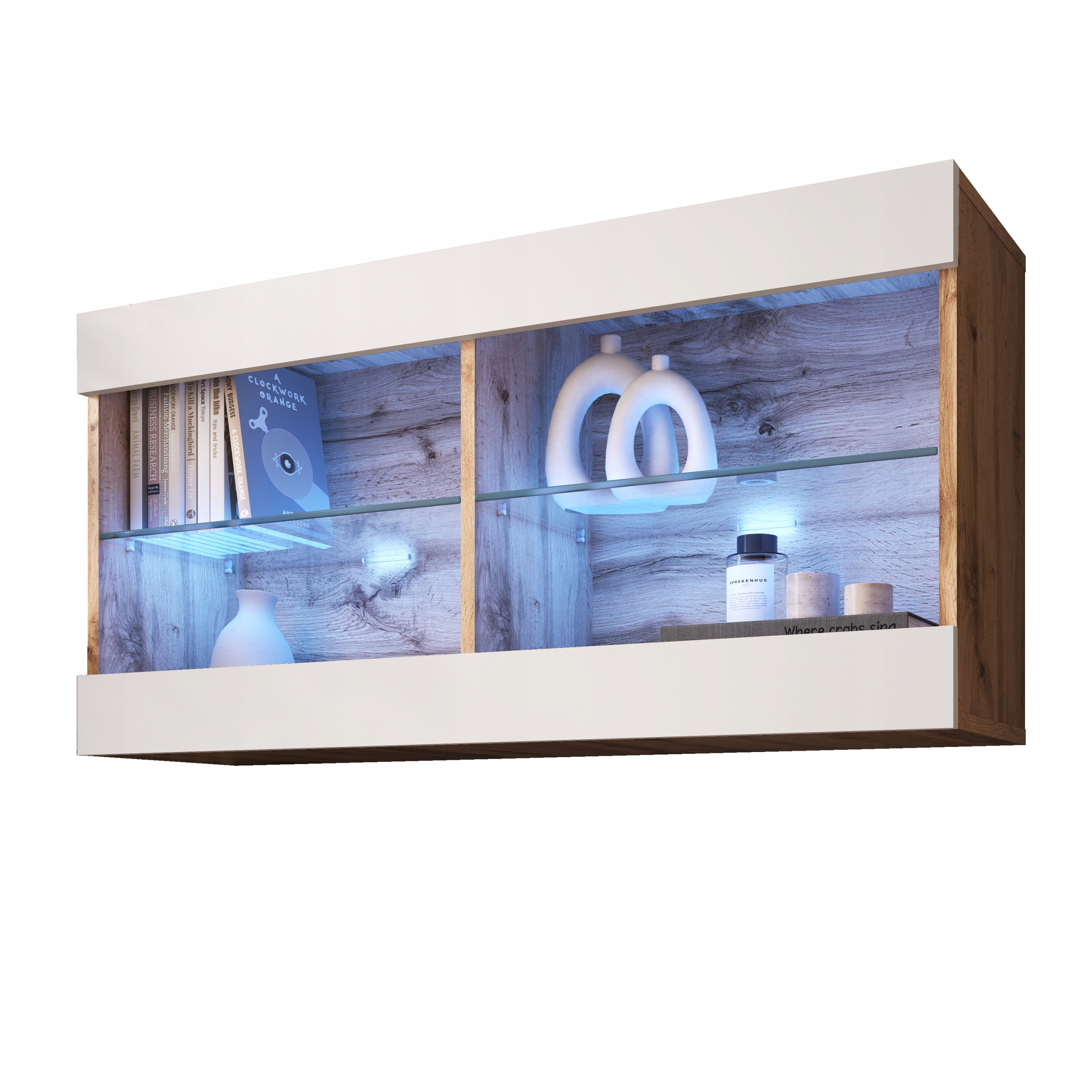 komodee Tivoli Závěsná vitrína Horizontal Dub Wotan-Bílá Modrá Led