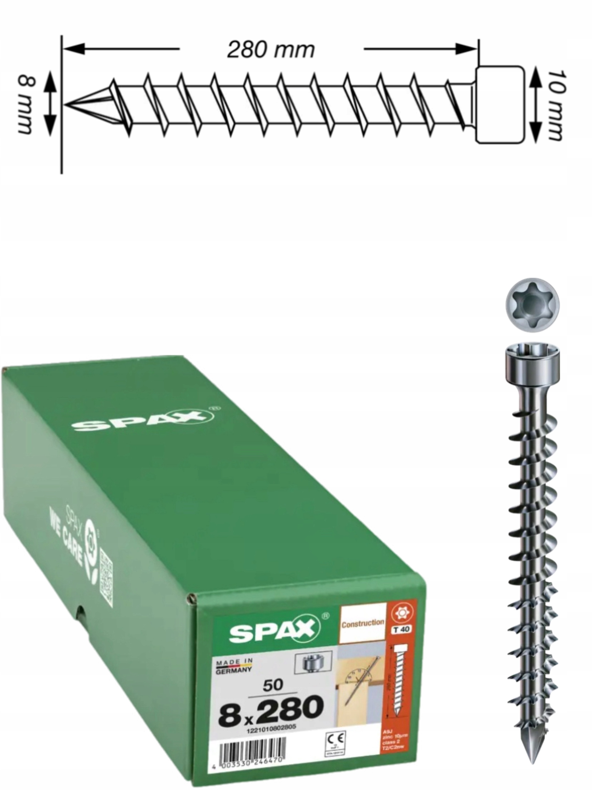 Šrouby Wirox pro konstrukci, plný závit, válec spax 8 x 280 mm, 50 ks
