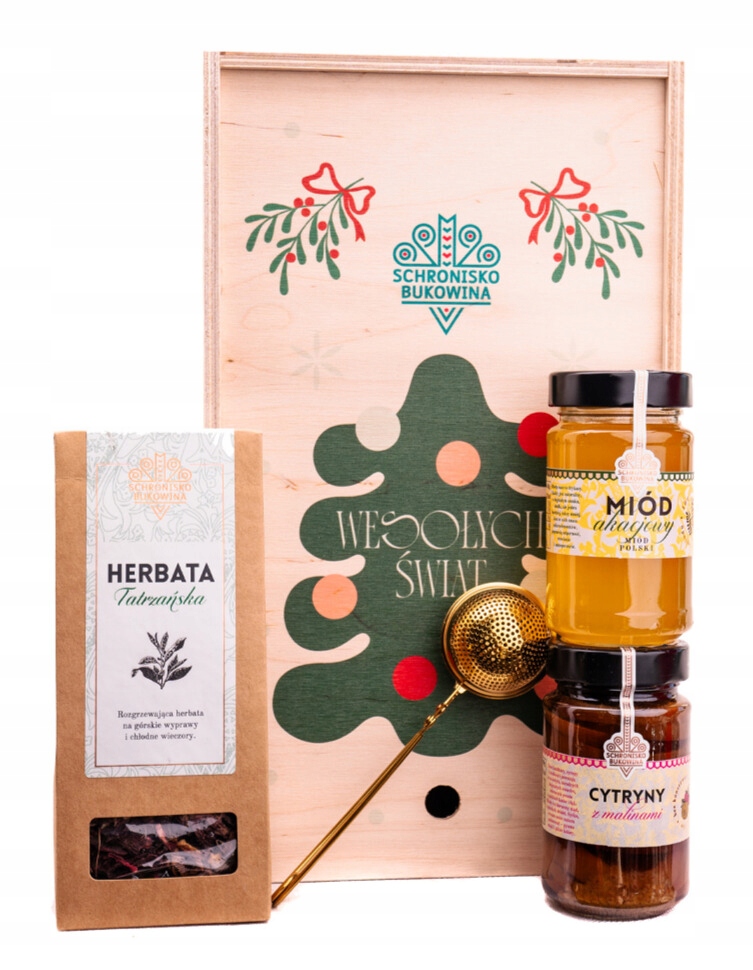 Levně Dárkový koš sada Schronisko Bukowina míchadlo čaj citronový med