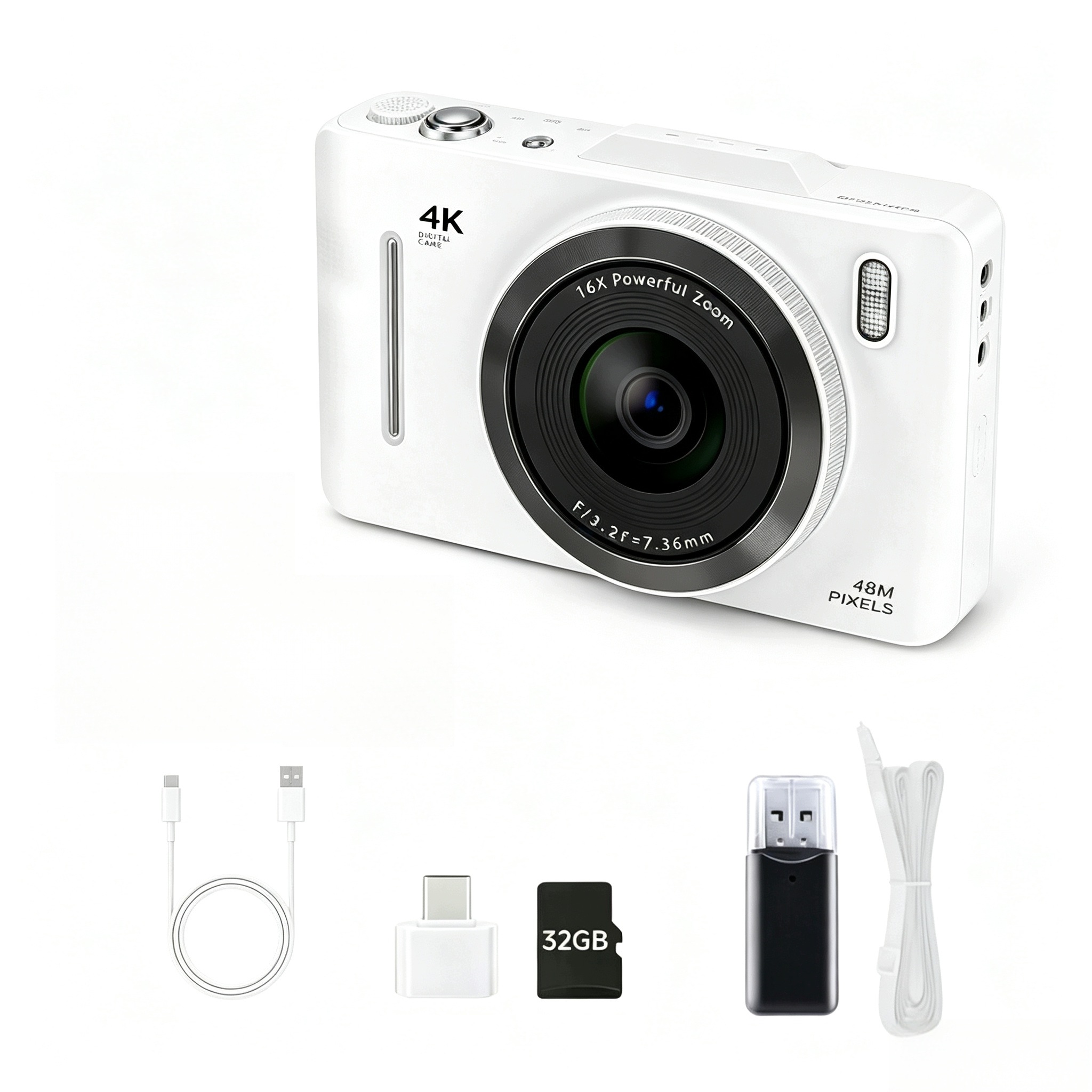 Digitální fotoaparát 4K 48 Mp, režim makro, 16x zoom, lehký, kompaktní, s kartou 3