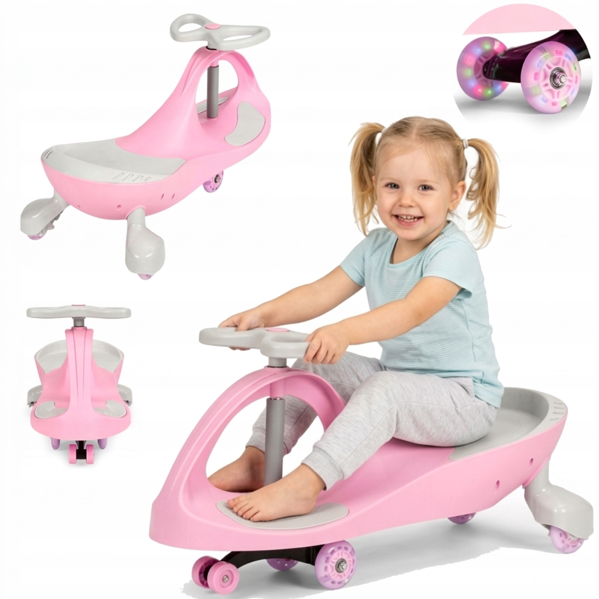 Jeździk Grawitacyjny Dla Dzieci Kauczukowe Koła Led Różowy Autko Pojazd