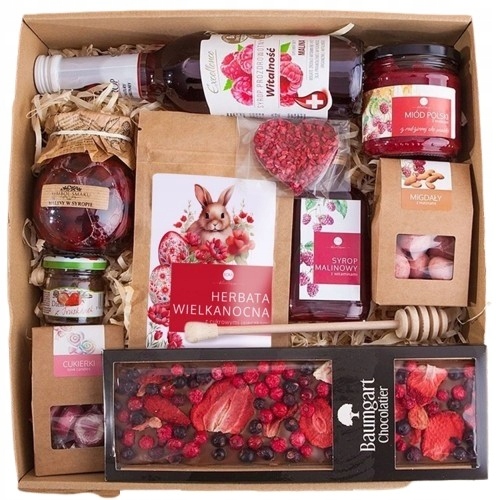 Kosz Prezentowy Box Wielkanoc herbata miód syrop Malina