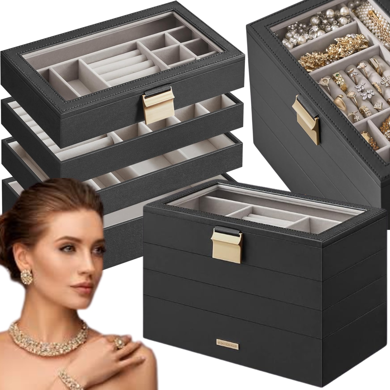 Krabička na šperky Krabička Organizér 4 úrovně Černá Skleněné Víčko