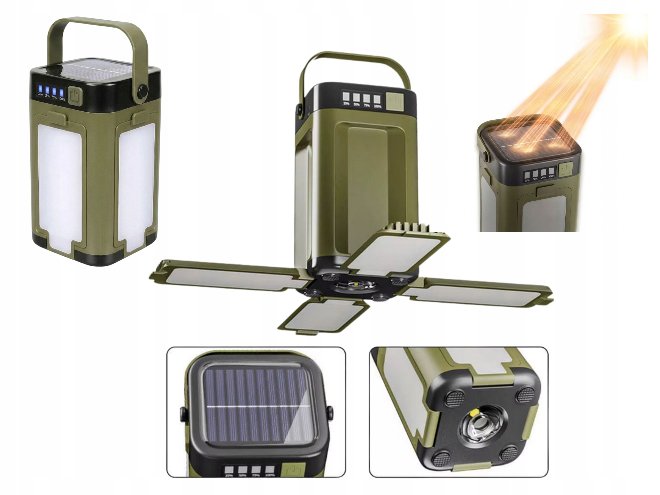 Lampa Kempingowa Turystyczna Solarna Led Mocna Usb-c Wodoodporna Składana