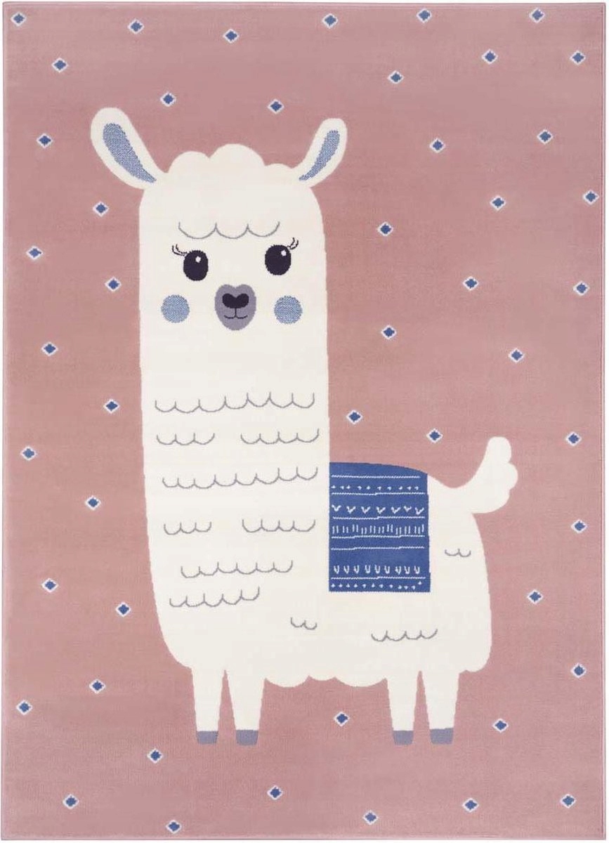 Mäkký ružovo-krémový detský koberec, vzor-veselá alpaka 120 x 170 cm