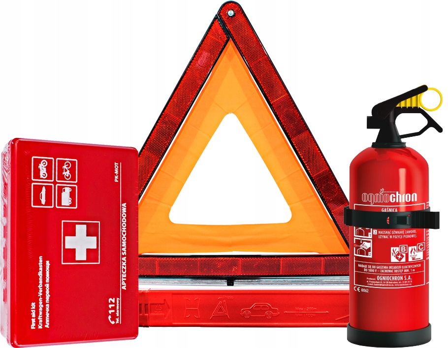 ZESTAW APTECZKA samochodowa GAŚNICA PROSZKOWA 1KG TRÓJKĄT KOMPLET NIEZBĘDNI