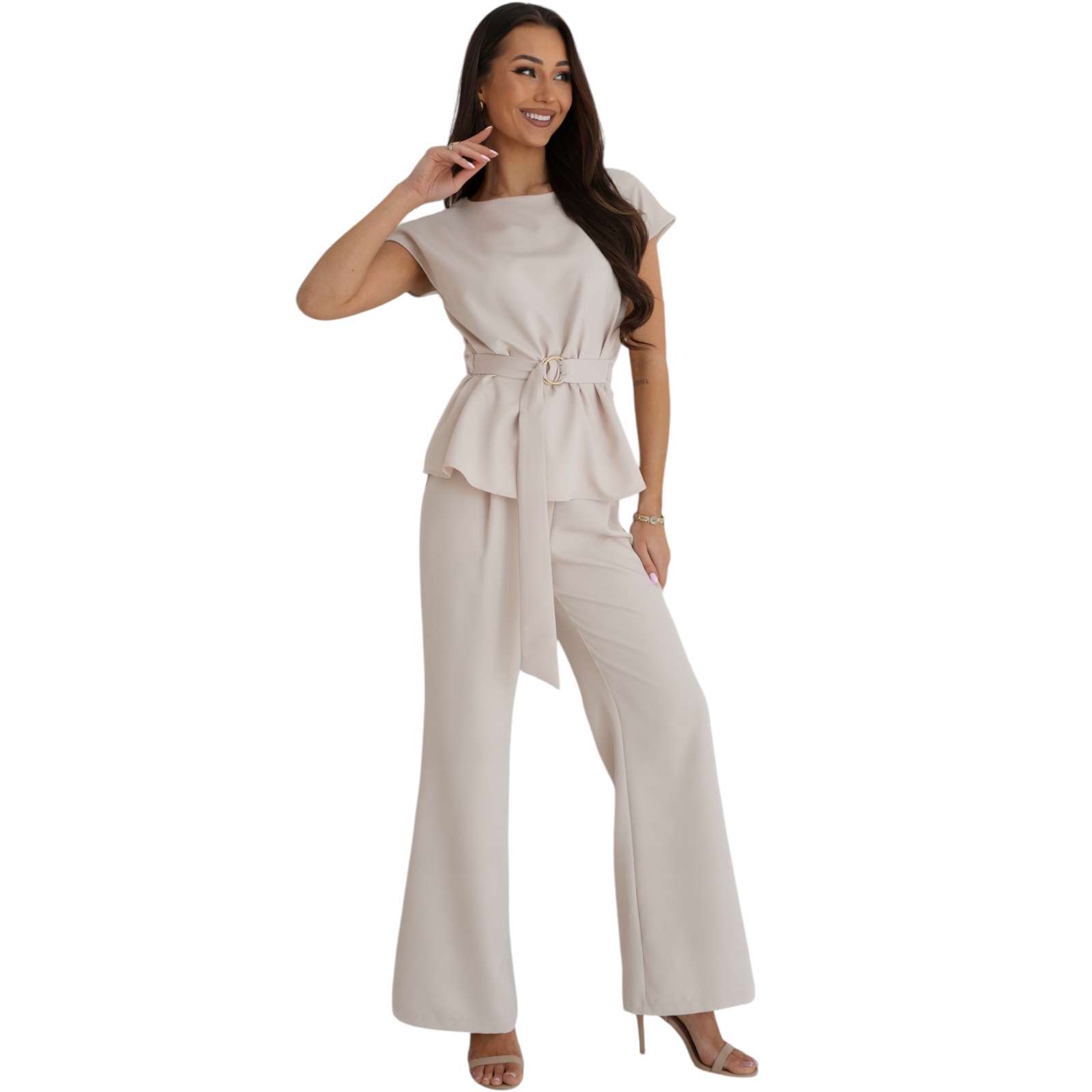 Komplet Damski Polska Produkcja Spodnie Bluzka Komunia Beżowy S