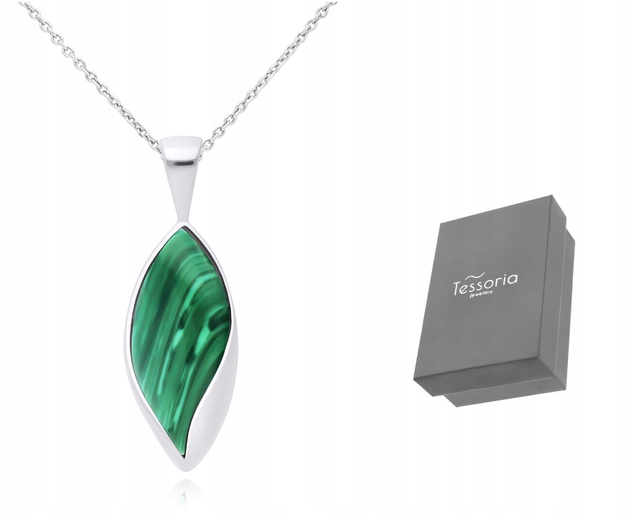 Stříbrný řetízek Dámský s přívěskem Zelený Malachit, délka 50 cm, ryzost 925