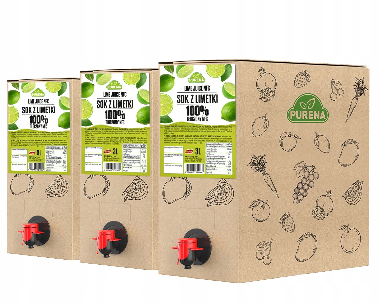 Sok z limetki 100% tłoczony na zimno Nfc Purena 3 L x 3 sztuki