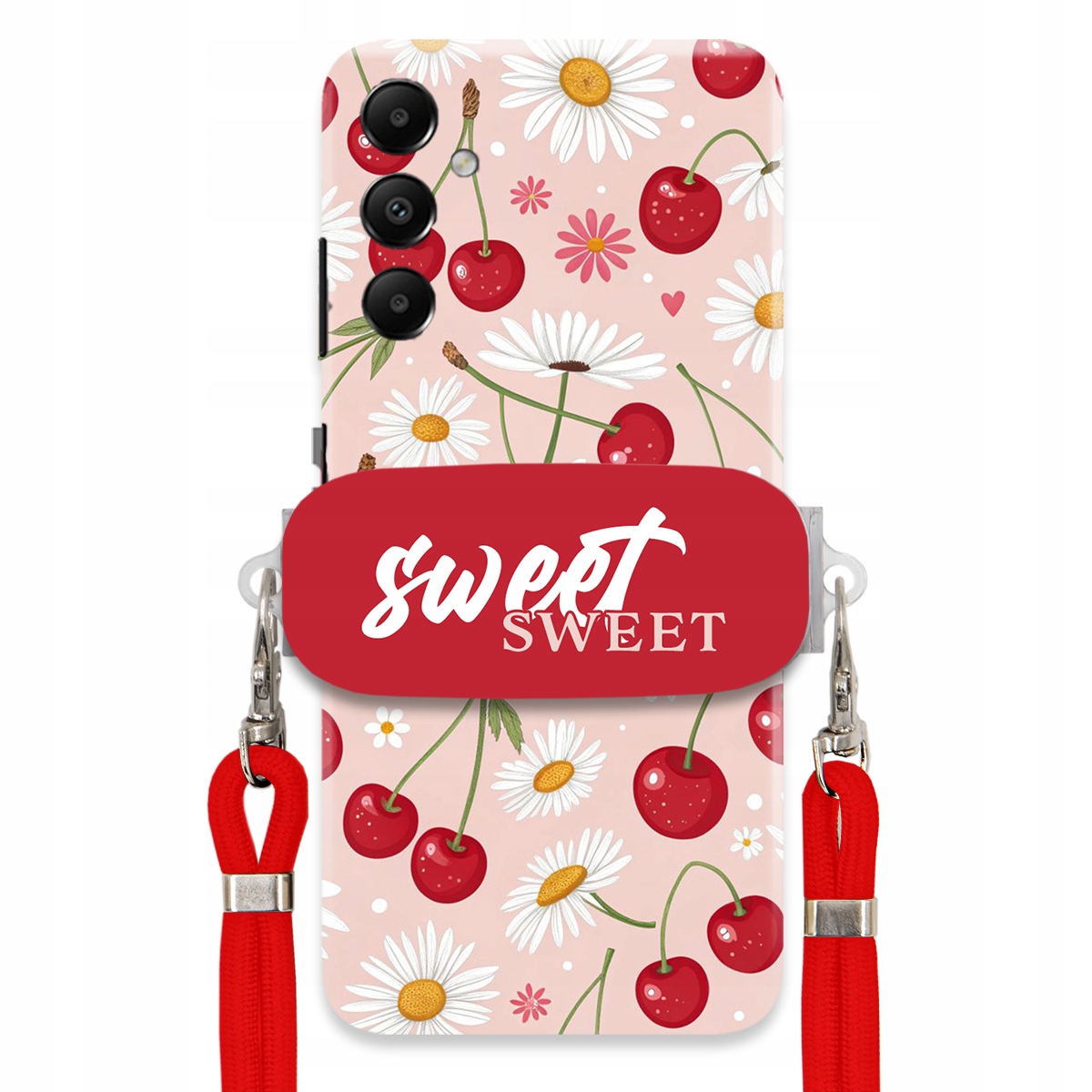 Puzdro pre Samsung A05S Červené vodítko Crossbody držiak Sweet Kvet čerešne