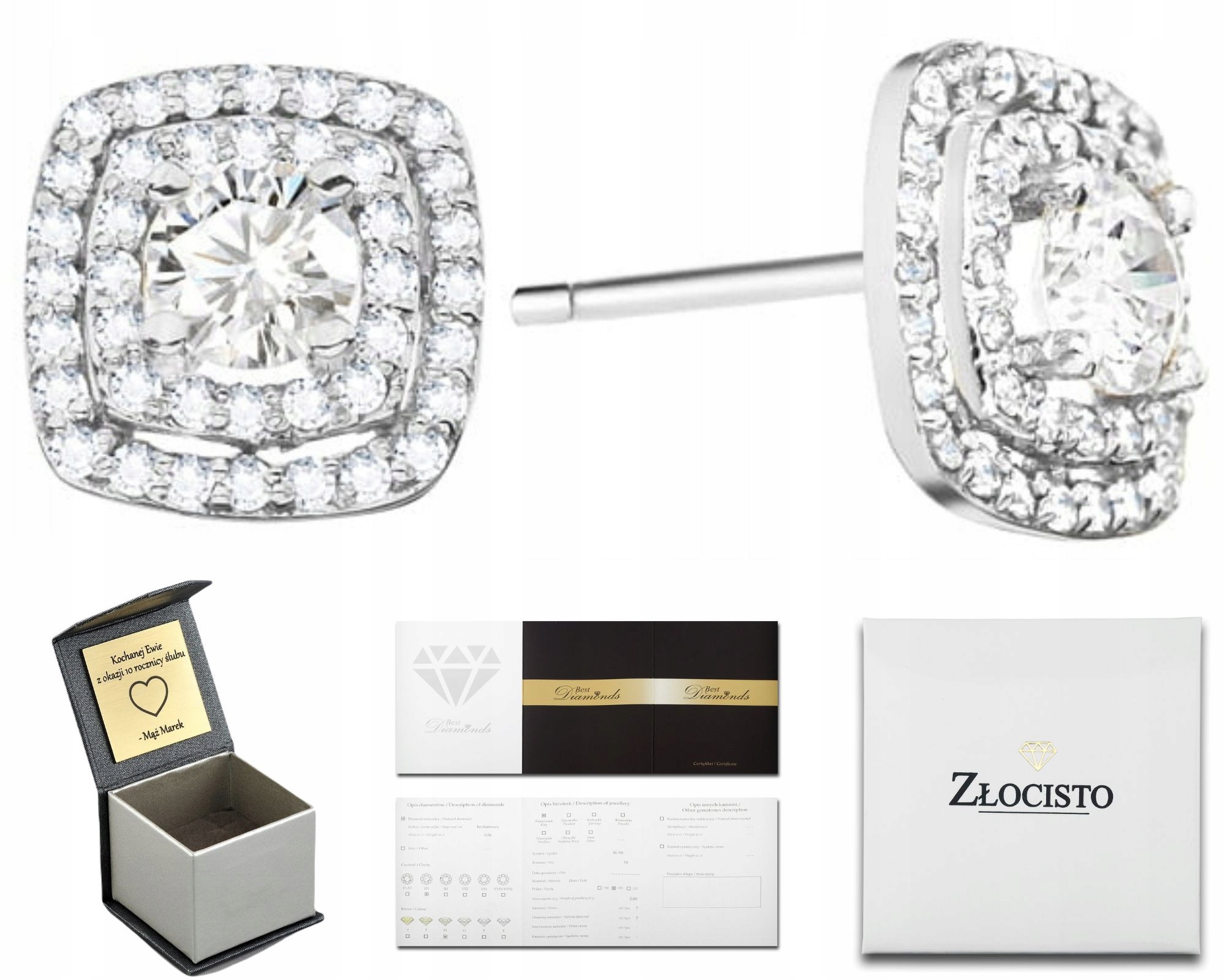 Bílé Zlato Náušnice S Diamanty Gravírování Bonus