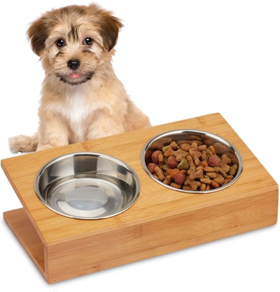 Levně Sada dvou kovových misek o objemu 300 ml s bambusovým stojánkem Relaxdays