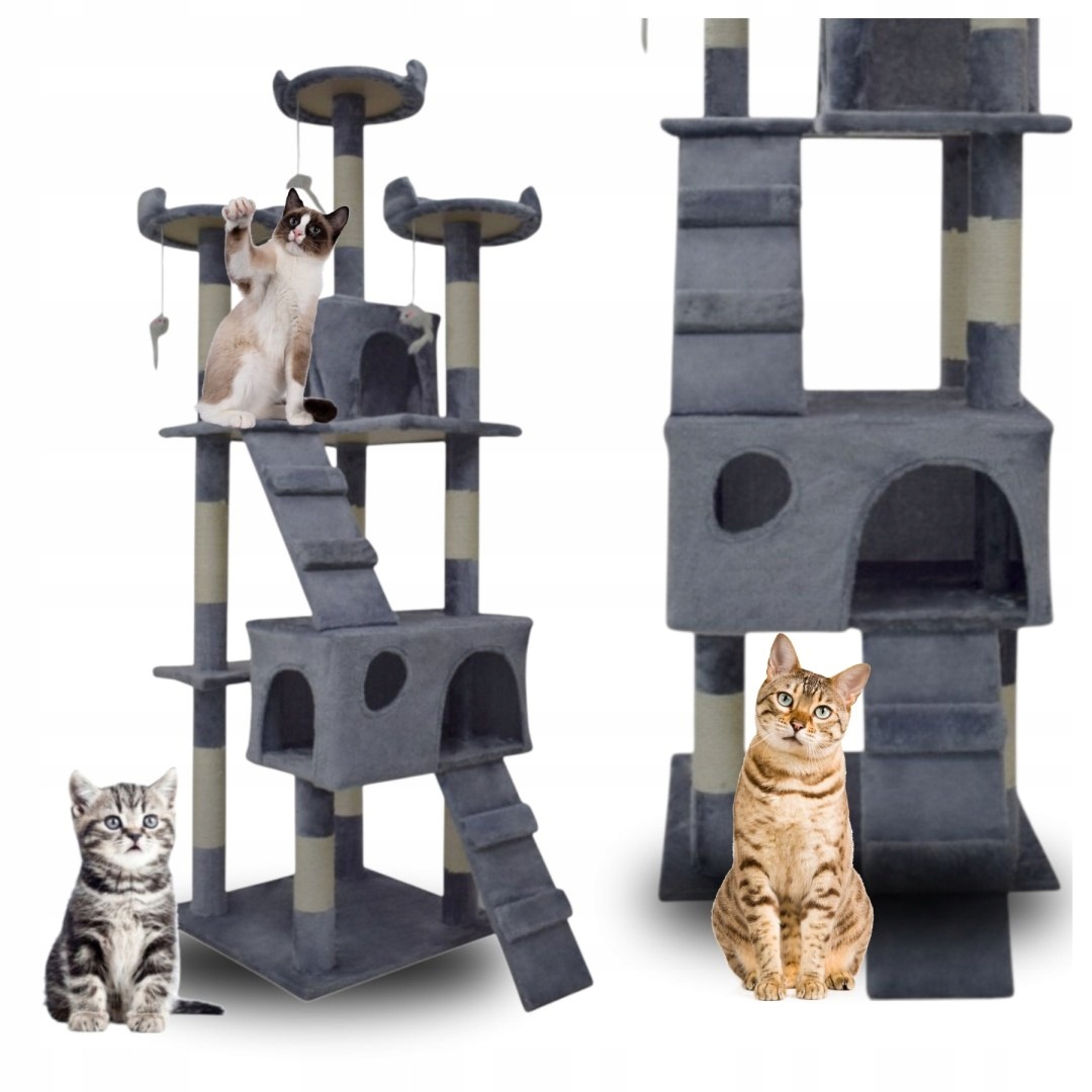 Levně Drapak Pro Kočky Velký 170 cm Vysoký Pelíšek Domeček Stromek Světle Šedý