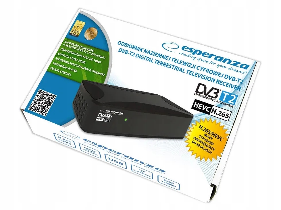 Tuner Dekoder DVB-T2 HEVC H.265 ESPERANZA EV108R Rodzaj tunera DVB-T2