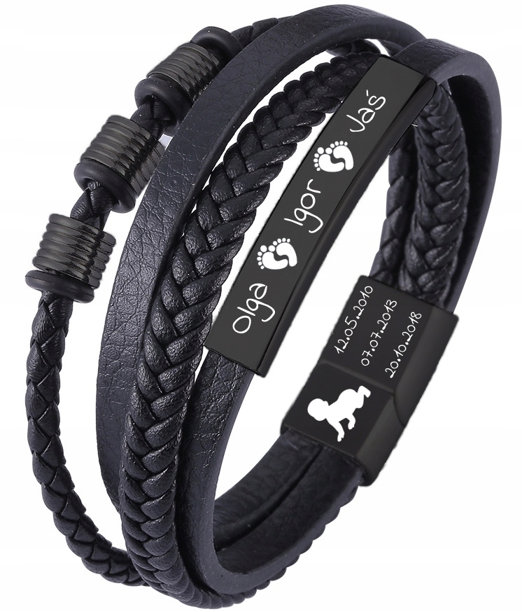Bransoletka DZIEŃ OJCA dla TATY SYNA skórzana męska z grawerem PREZENT Kolor dominujący czarny