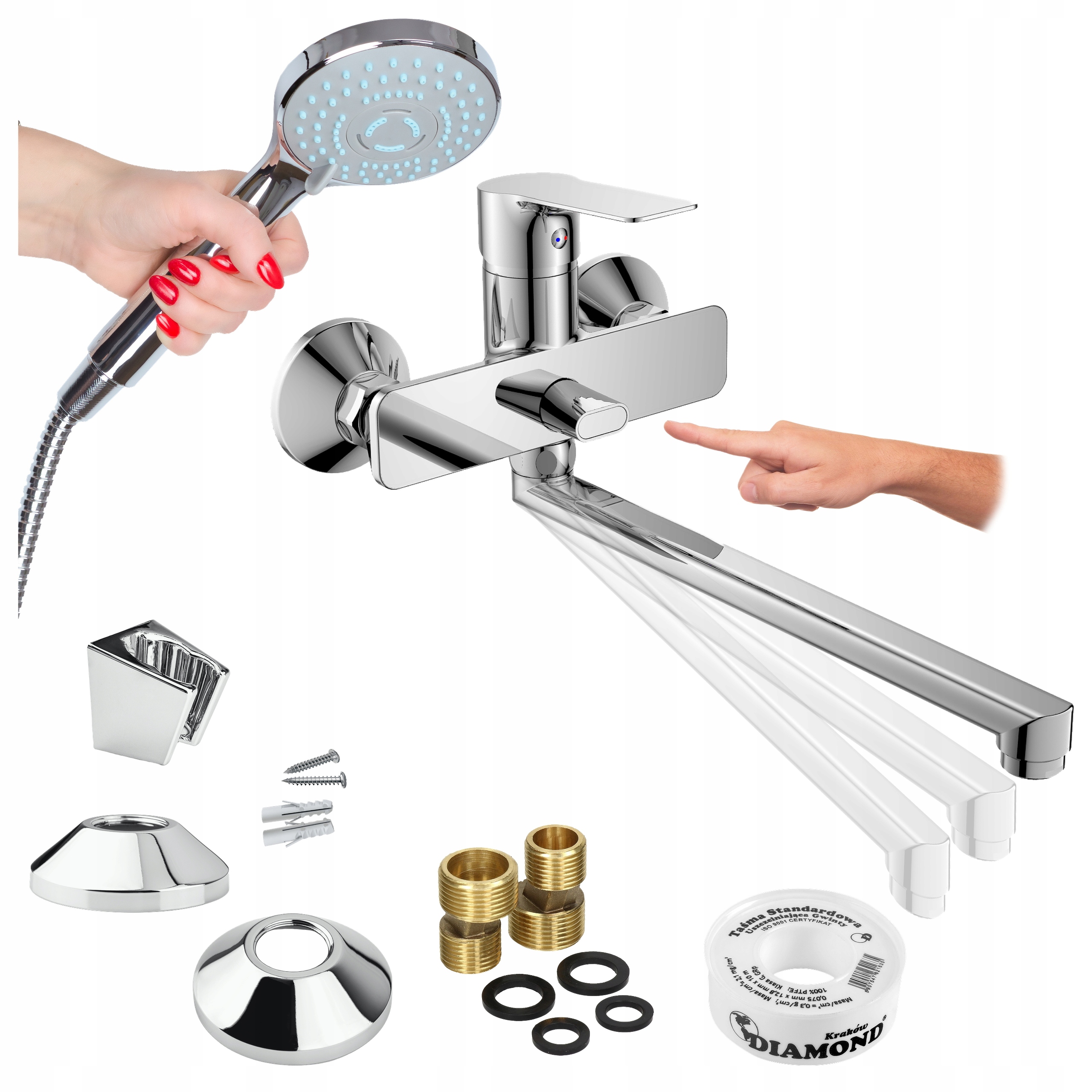 Nástenná vaňová batéria do vane s dlhým výtokom, sprchová súprava Sotbe