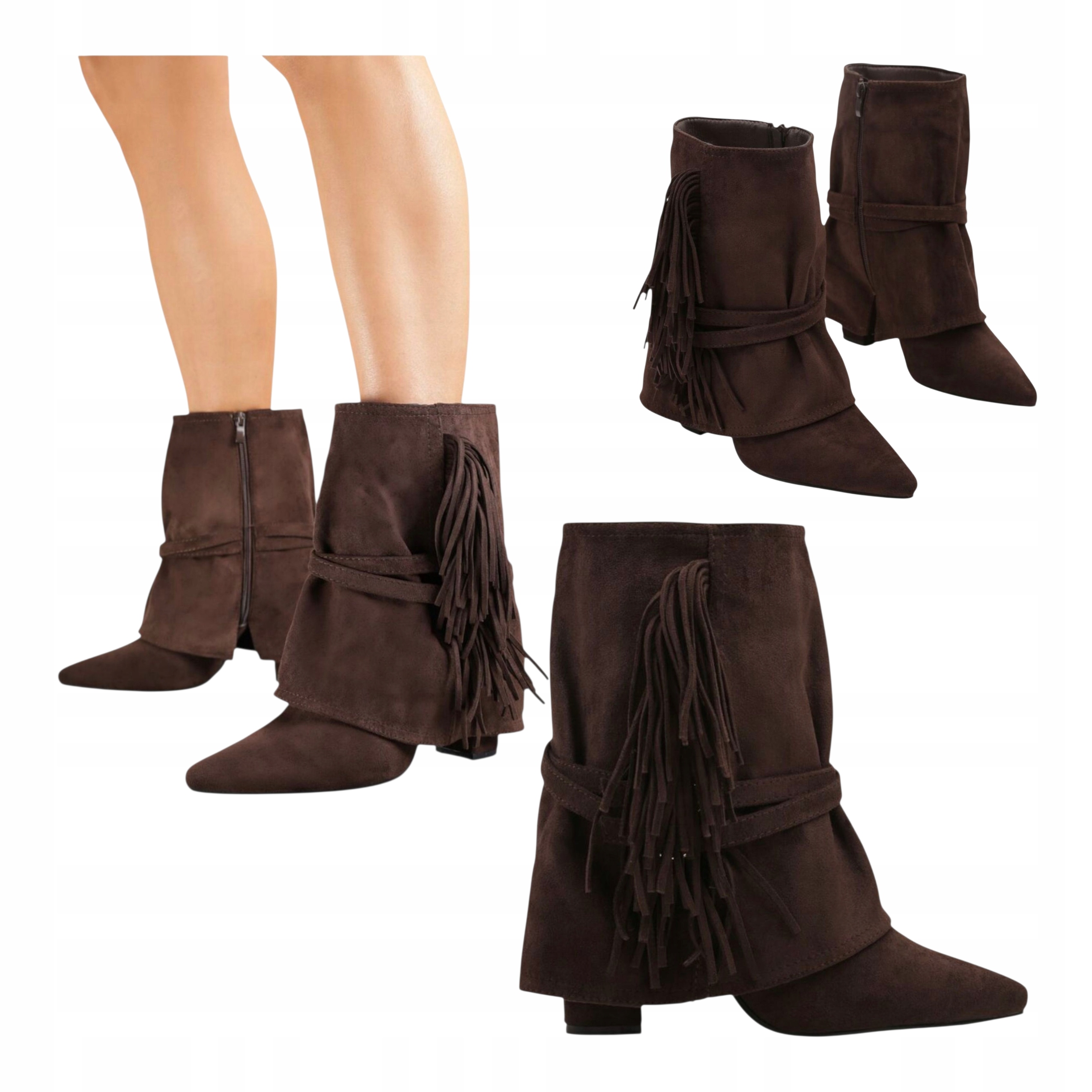 Dámské Kotníkové Boty Boho na podpatku Kovbojské Boty Kožené Třásněmi Semiš Hnědé 41