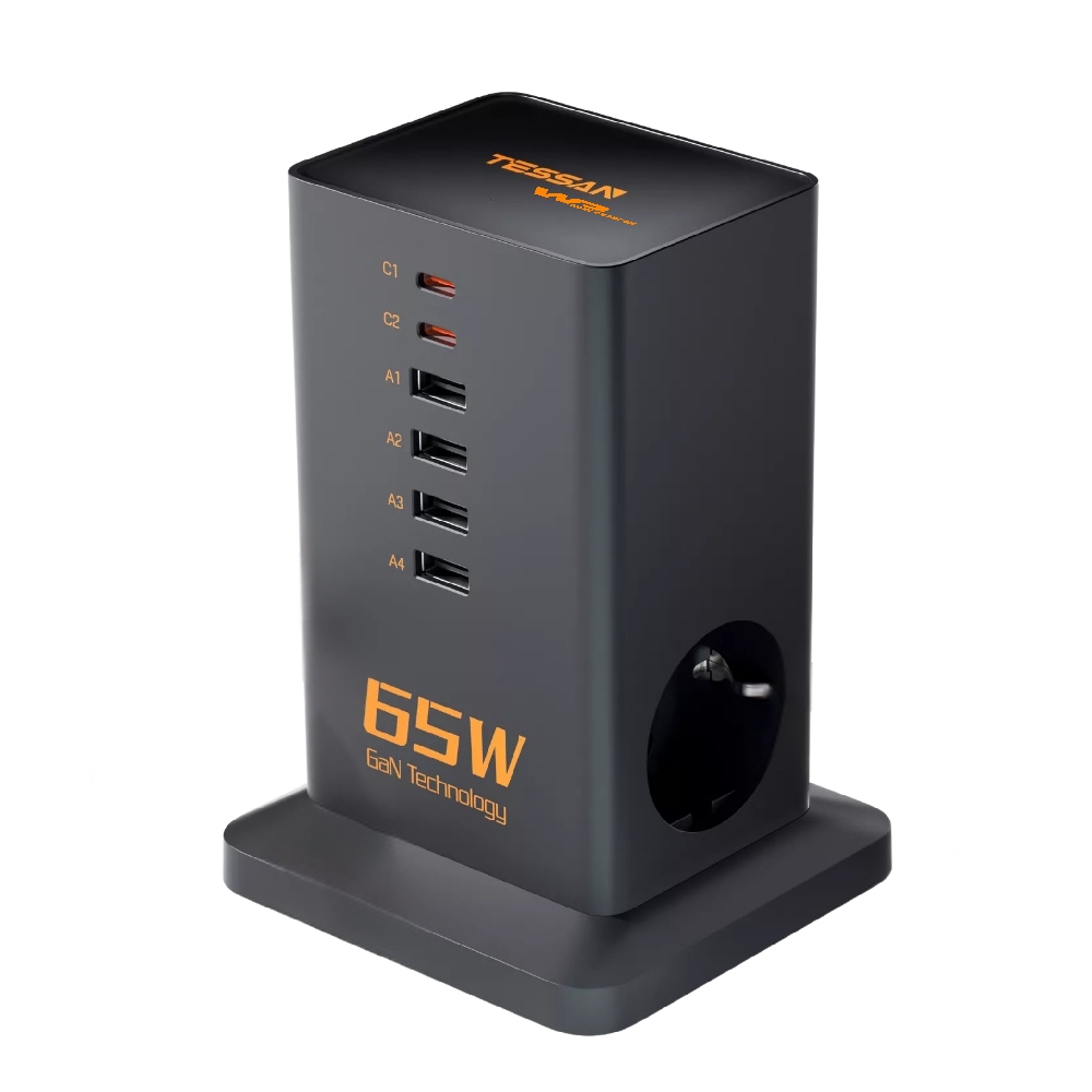 Nabiurkowa listwa zasilająca, szybka ładowarka Usb GaN 65W, 6xUSB Tessan