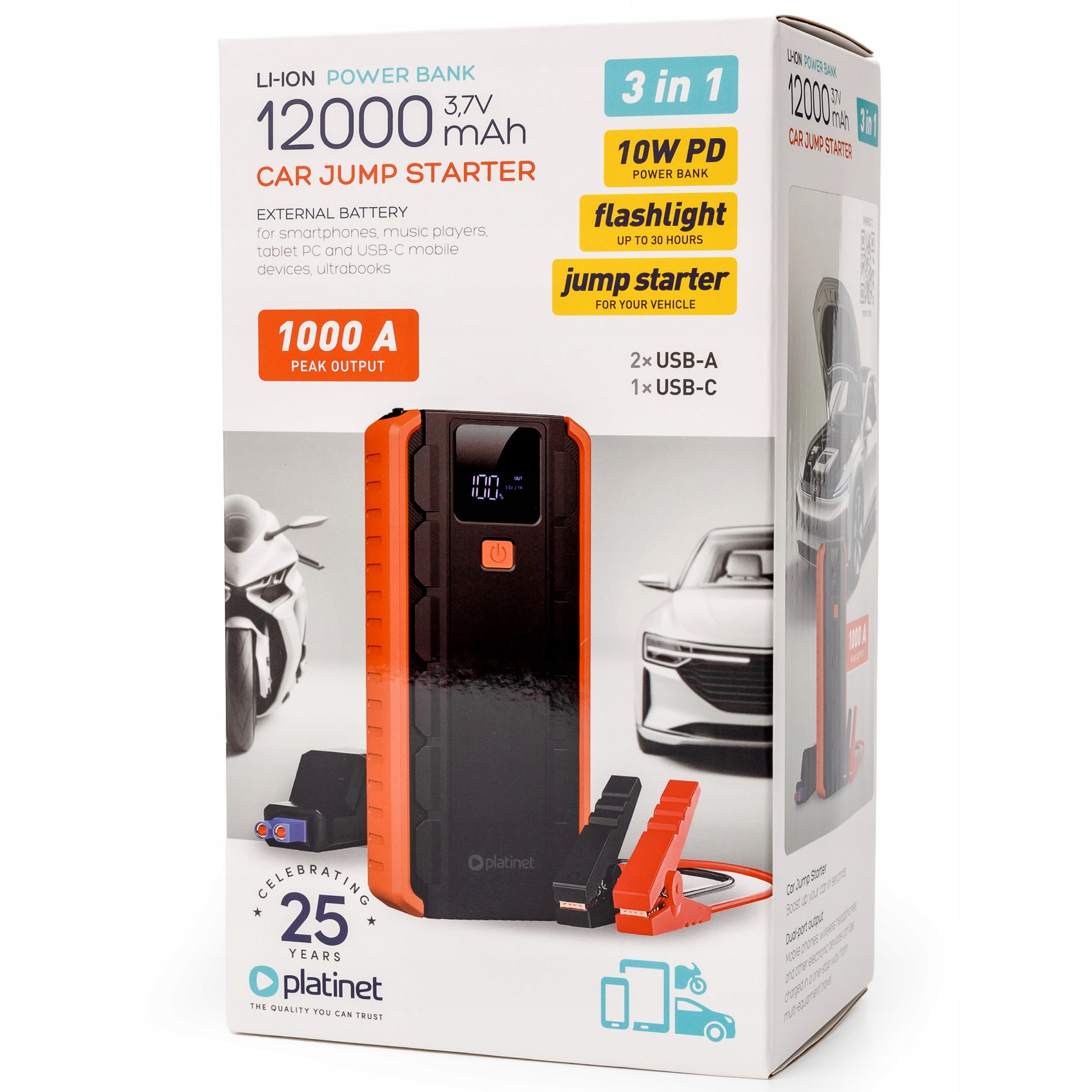 Jump starter BOOSTER ROZRUCH AUTA 12000mAh 1000A POWERBANK 2x USB +USB-C Pojemność akumulatora 12000 mAh