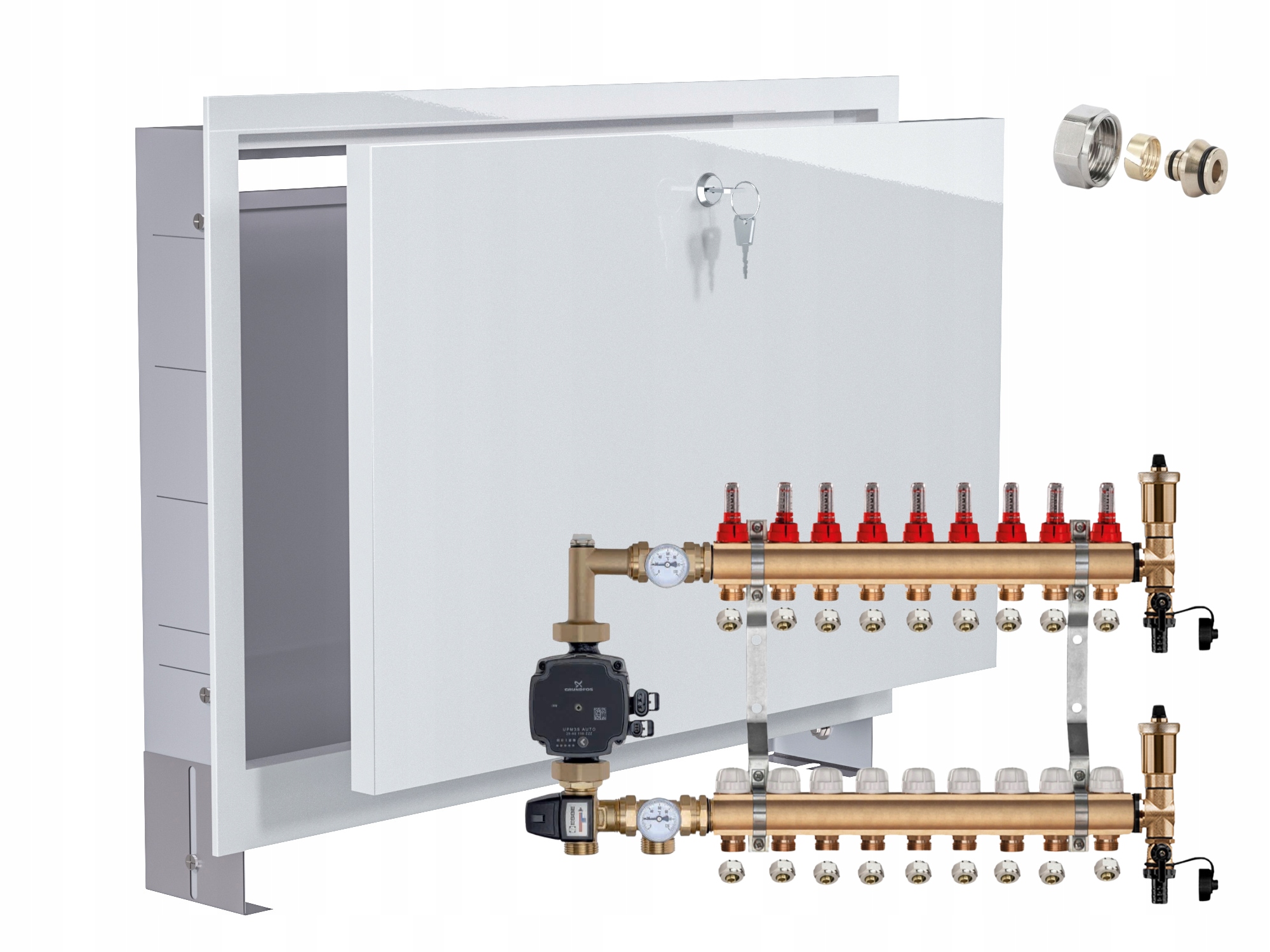 Mosazný Rozdělovač Podlahovky 9 S Čerpadlem Grundfos+podomítková Skříňka+pex