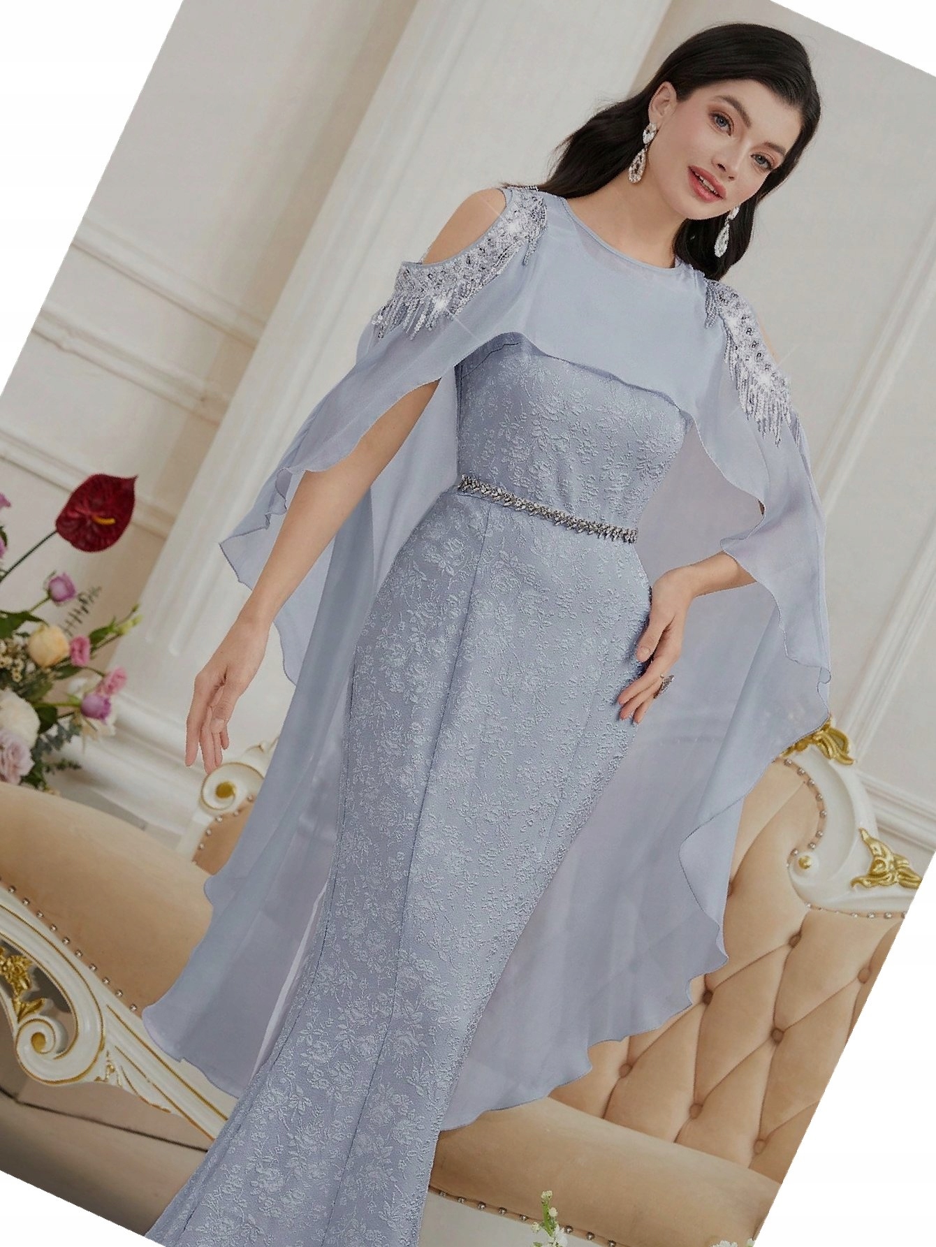 Šaty s flitry Žakárová modrá Maksi Bolerko Syrena M 38