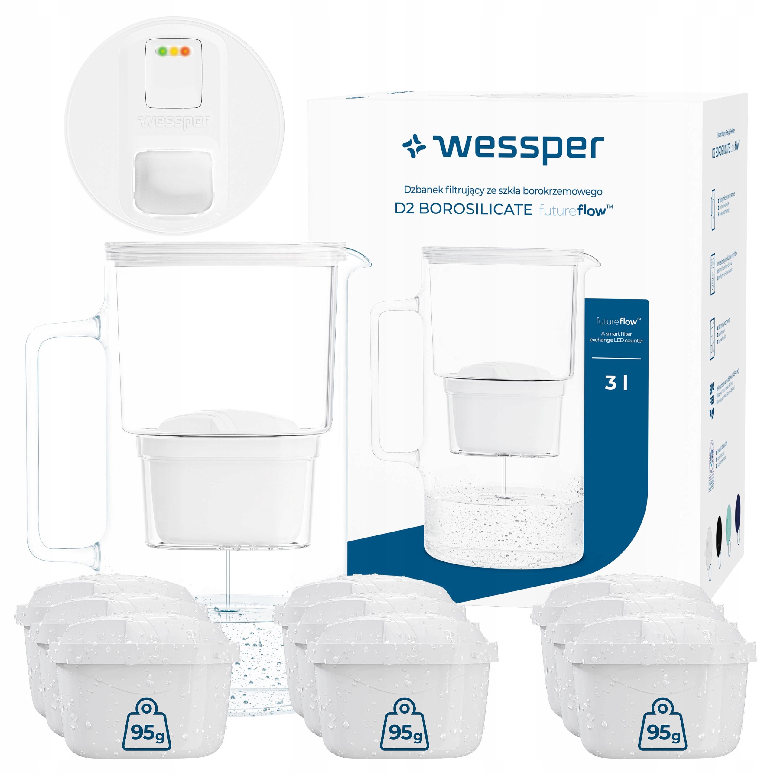 Szklany dzbanek filtrujący Wessper D2 Borosilicate futureflow 3l 10 filtr