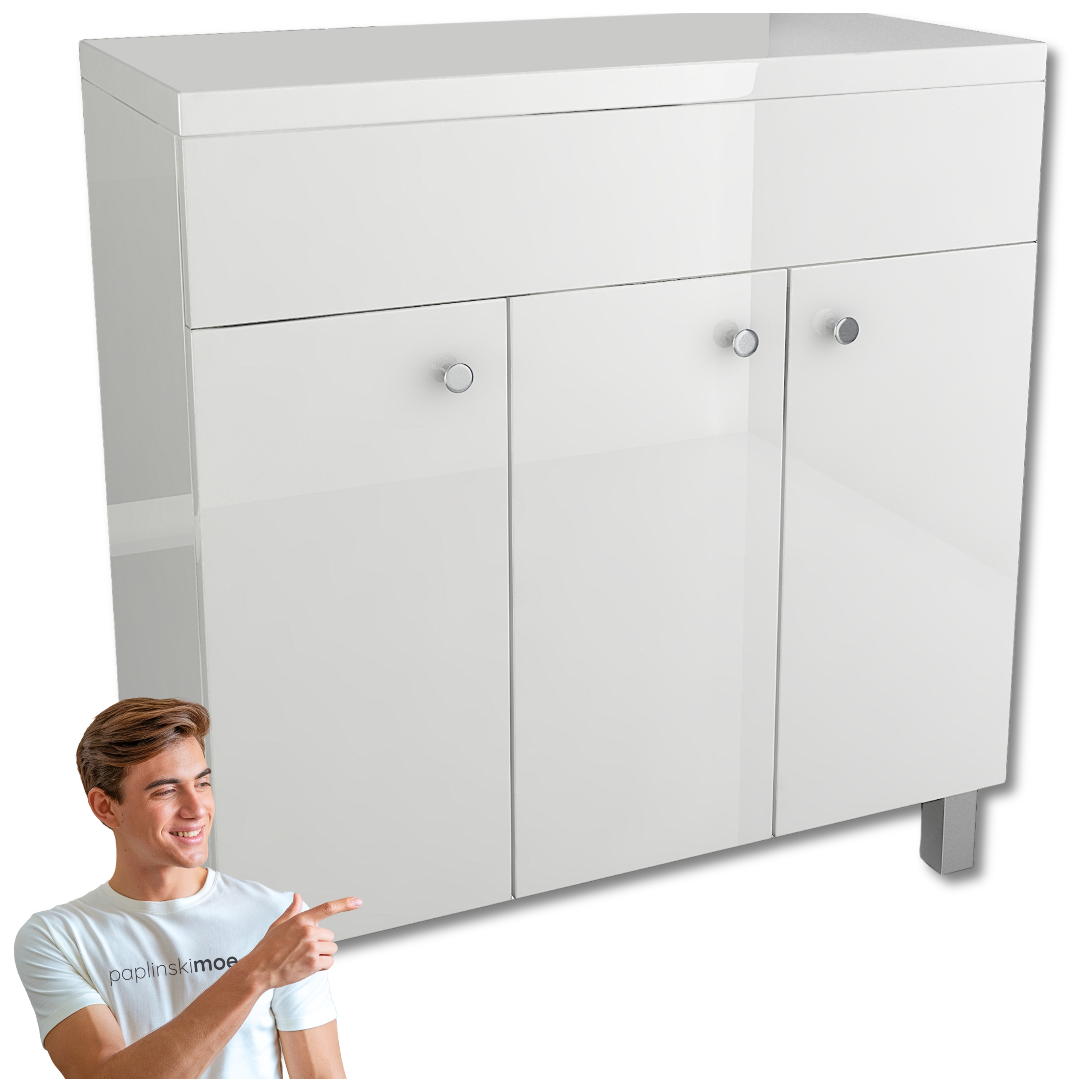 Kúpeľňová komoda s doskou pod umývadlo, stojaca, biely lak, lesk 80 cm