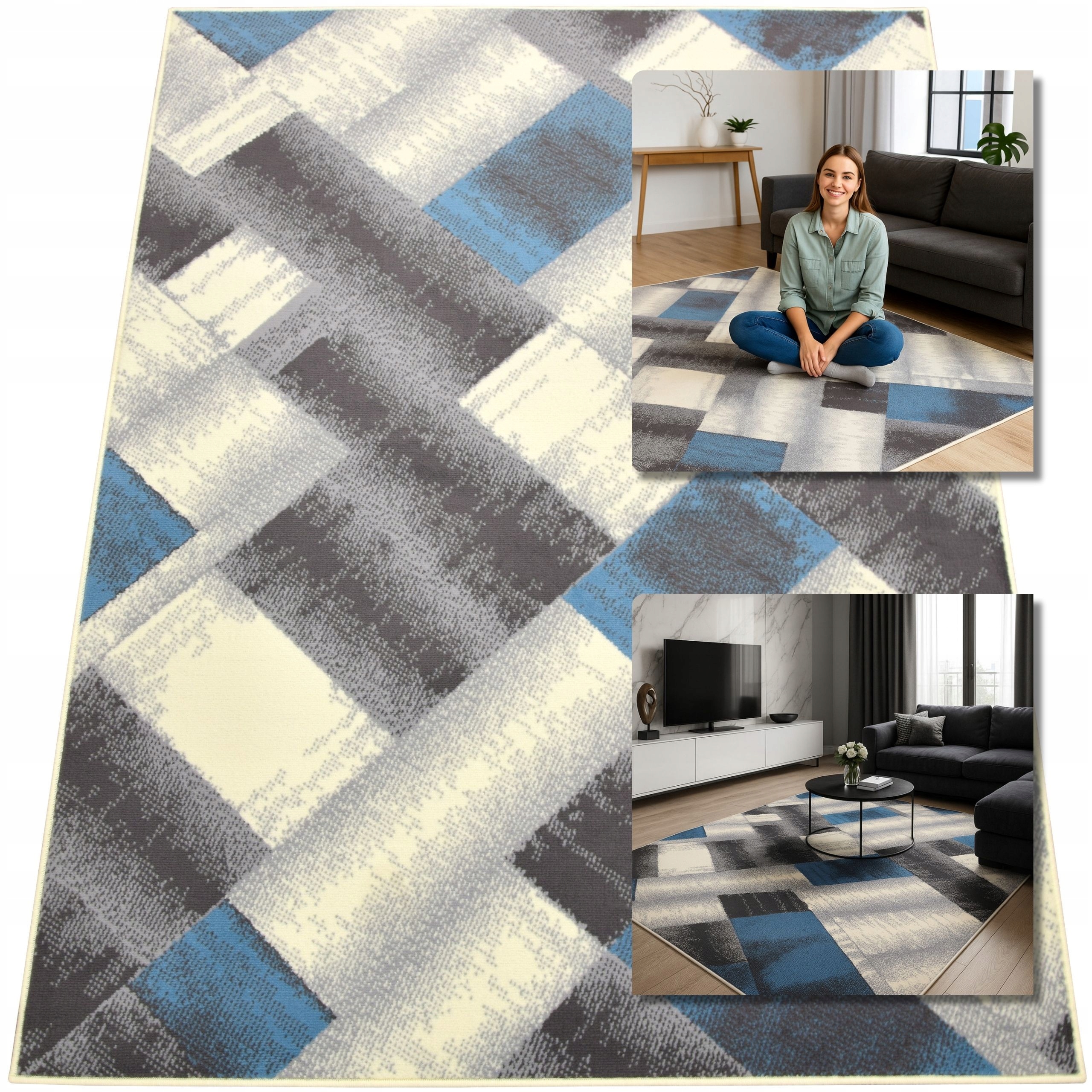 Koberec Moderní Krémově Šedý Modrá Mozaika Koberce Do Obývacího Pokoje 120x170