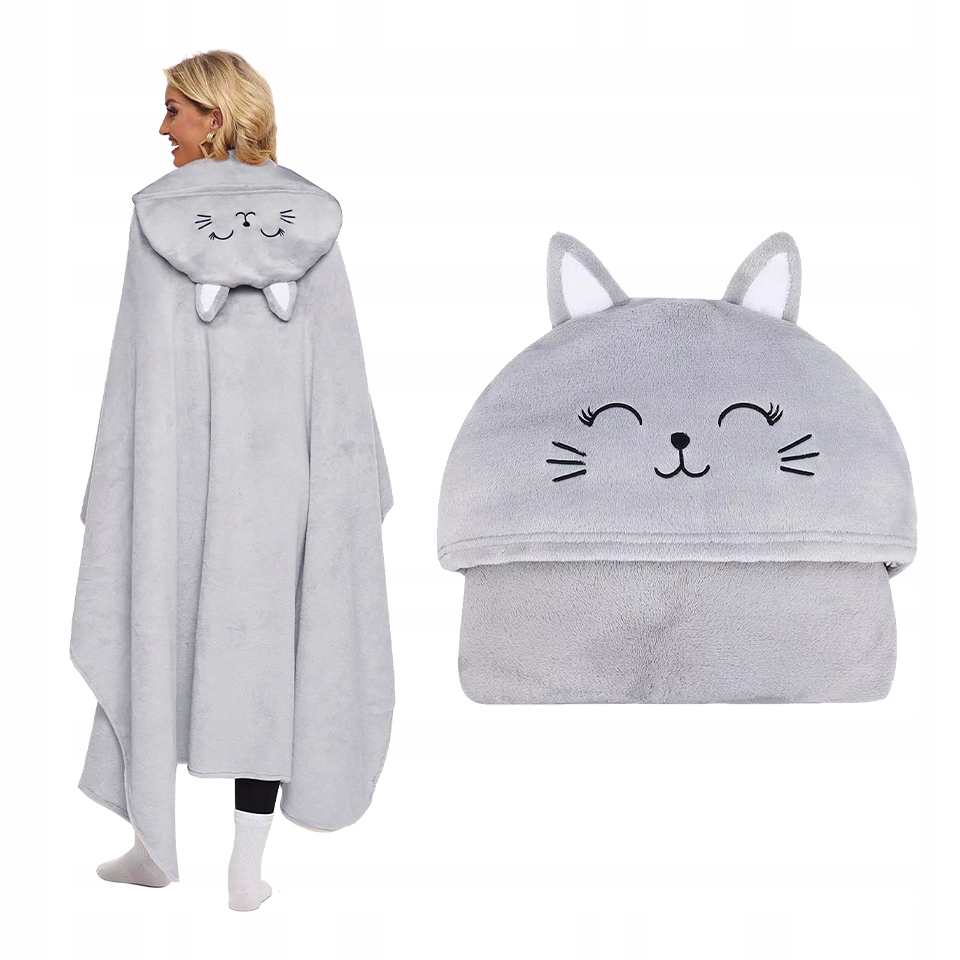 Deka S Kapucí A Rukávy Župan Teplá Na Zimu Dárek Šedá Kočka Přehoz