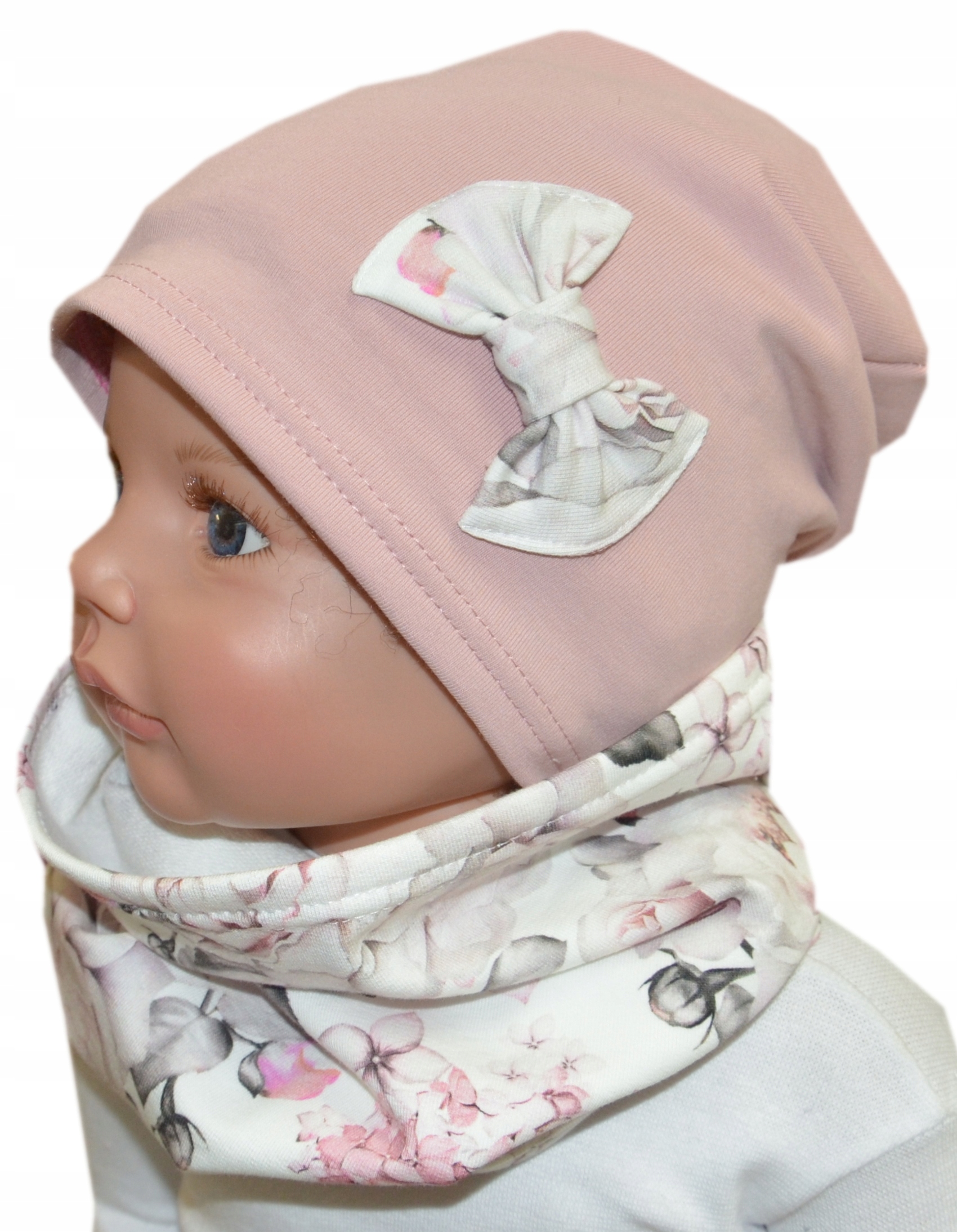 

cienka czapka i komin 48-52cm b.róż róże grafit