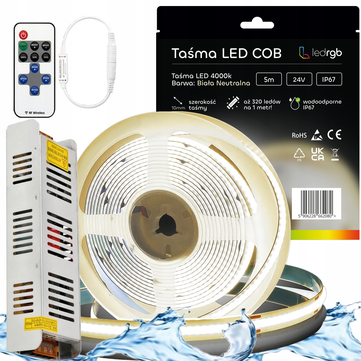 Sada Led pásků Cob 24V 5 m 4000K Bílá Neutrální Napájecí Zdroj Dálkový Ovladač IP67 Vodo