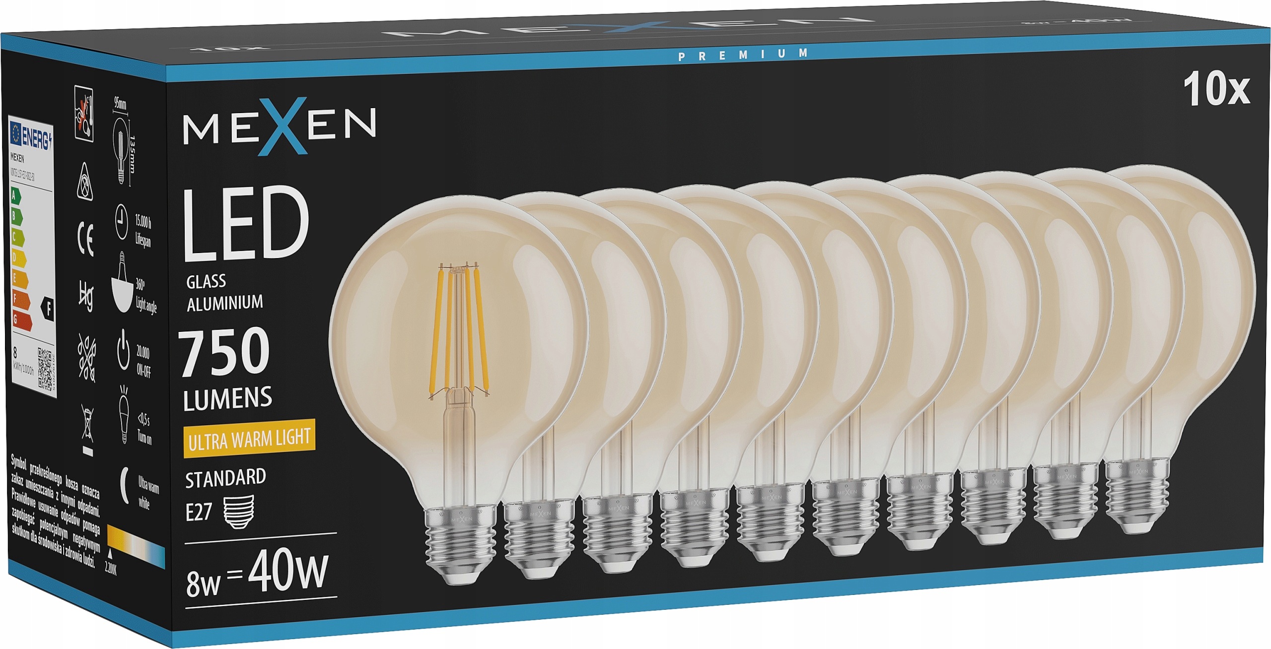 Mexen Vintis 10X Žárovka Filament Led E27 G95 8W Teplá 2200K 750 LM Amber