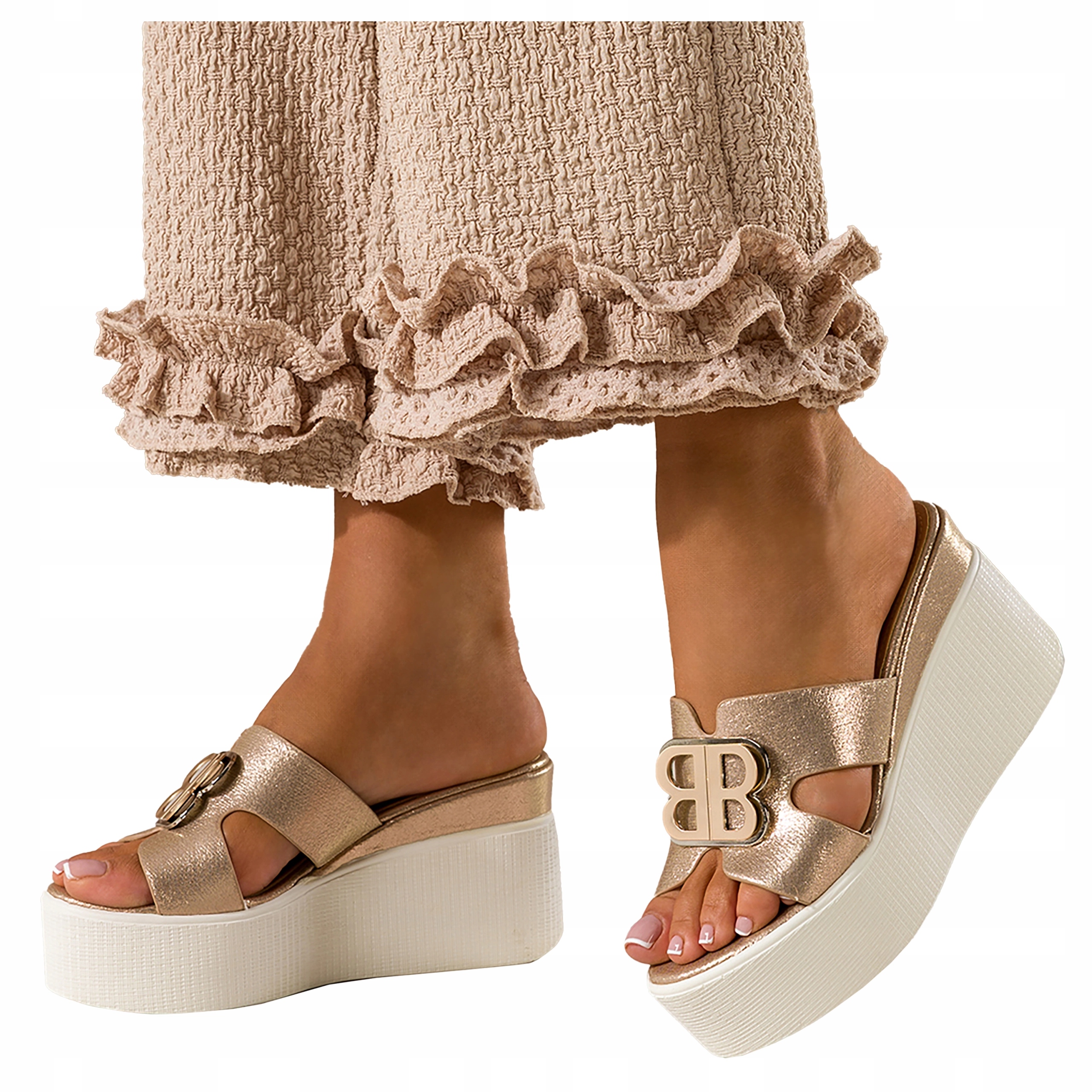 Nazouváky Dámské Zlaté Na Bílé Platformě Ozdobné Pohodlné Nazouvací r 39