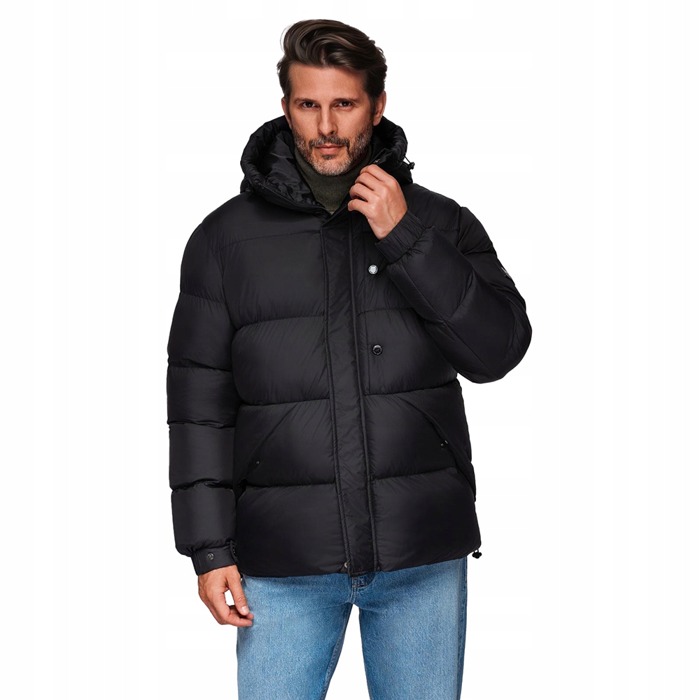 Prošívaná pánská bunda s vysokým zapínáním a kapucí černá V1 OM-JAHP-0238 XL