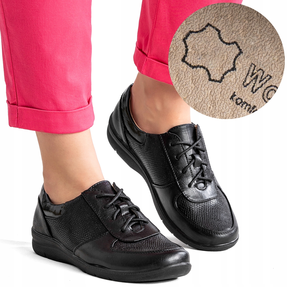 Półbuty w.SKÓRA sneakersy modne miękkie lekkie Czarne Wojtyłko 39