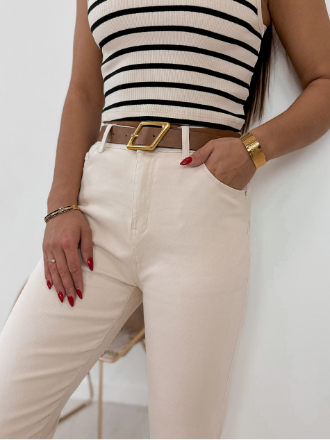 SPODNIE MOM FIT BOYFRIEND JEANS PUSH UP BEŻOWE Z PASKIEM Rozmiar XXS