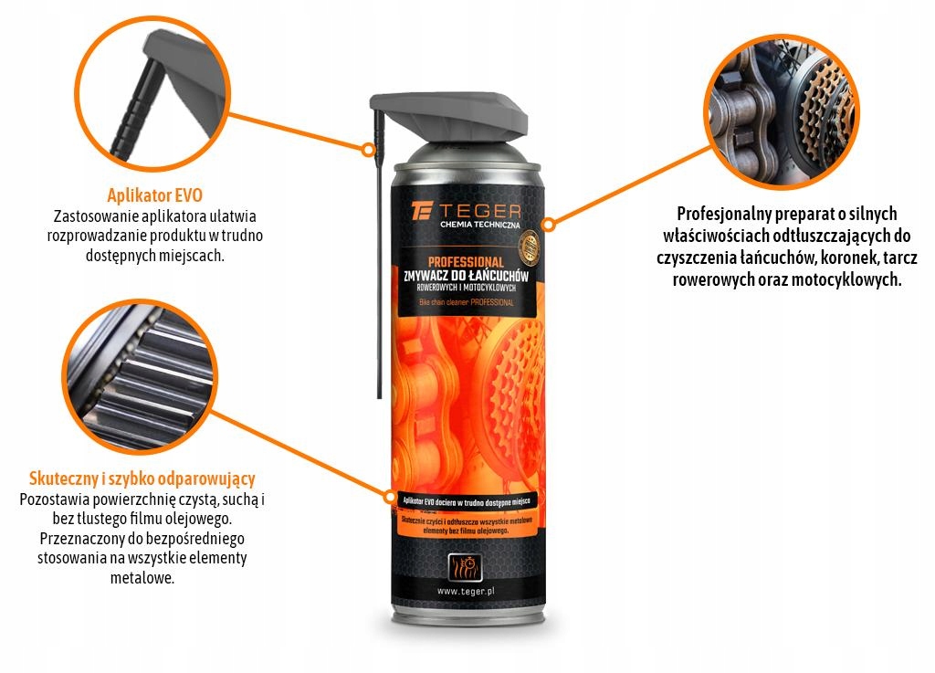 Zmywacz do łańcuchów rowerowych i motocyklowych PROFESSIONAL z aplikatorem Marka Teger