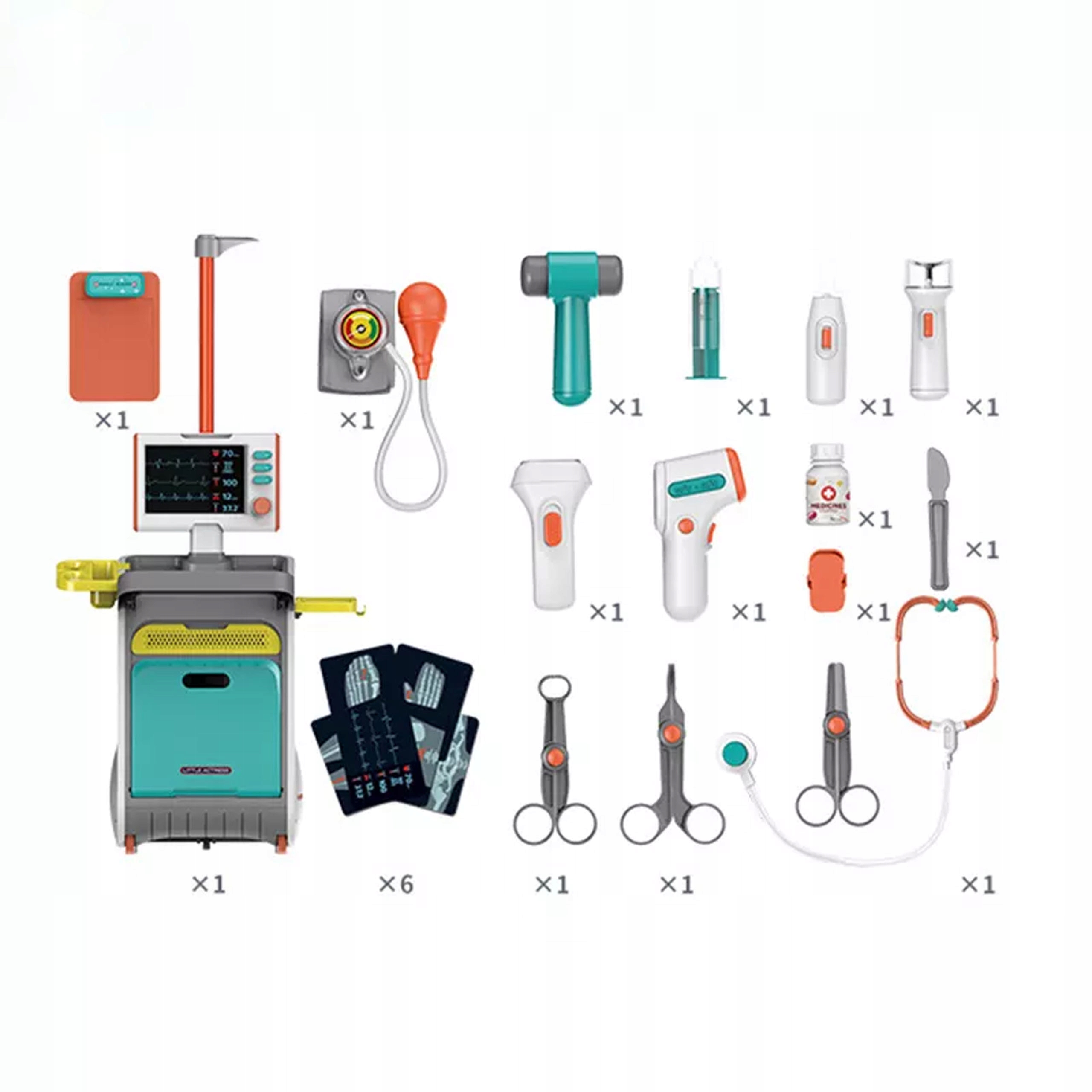 ZESTAW MAŁY DOKTOR LEKARSKI DLA DZIECI WÓZEK DŹWIĘKI 10w1 AKCESORIA MATADI Baterie 2 x AA